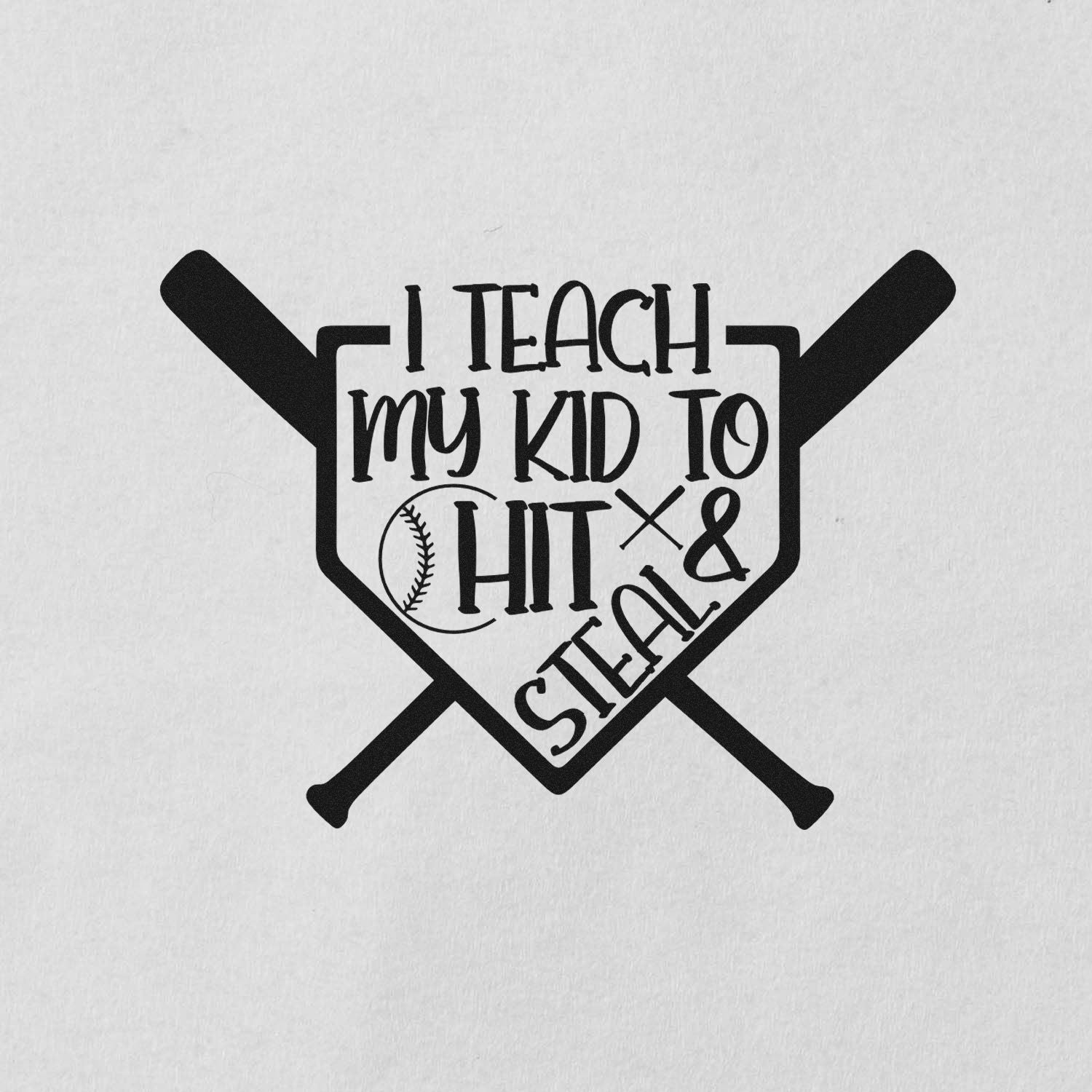Custom rubber stamp design reading I teach my kid to hit & steal with crossed baseball bats and ball graphic.