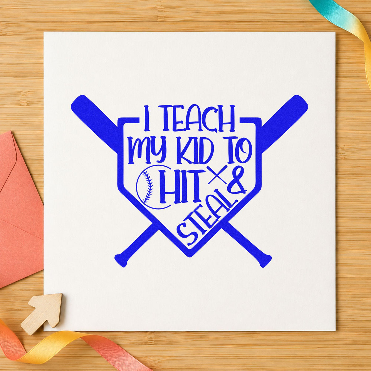 Hit and Steal Crossed Bats craft stamp imprinted in blue ink on paper, a design suited to bat bag tags.