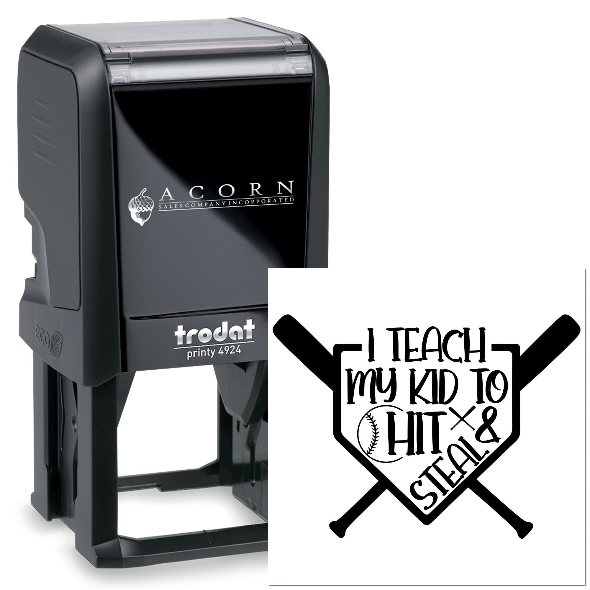 Self-inking rubber stamp with I Teach My Kid to Hit & Steal baseball design for coaches and sports fans.