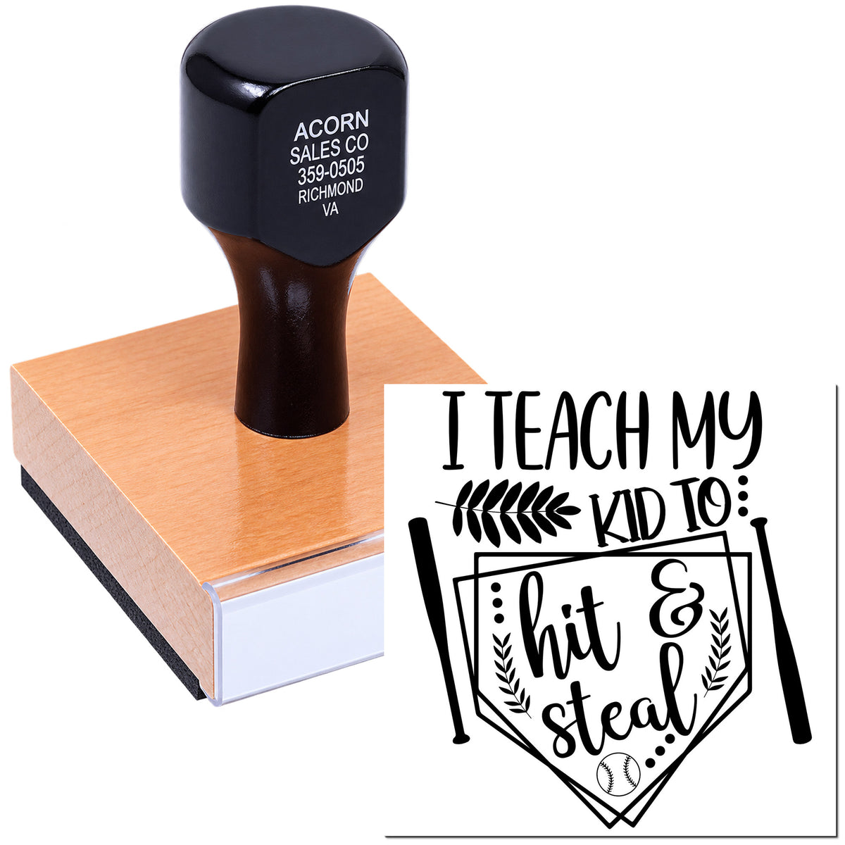 Custom rubber stamp with baseball-themed I teach my kid to hit & steal design for teacher or youth sports crafts.