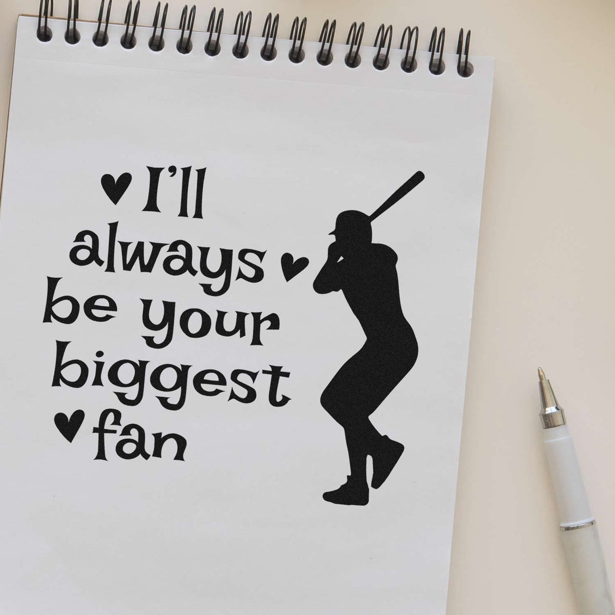 Premium Wooden Biggest Fan Batter With Hearts Stamp - Vintage Pro imprint stamped in black ink. A batter silhouette stands beside "I'll always be your biggest fan," accented with small hearts.