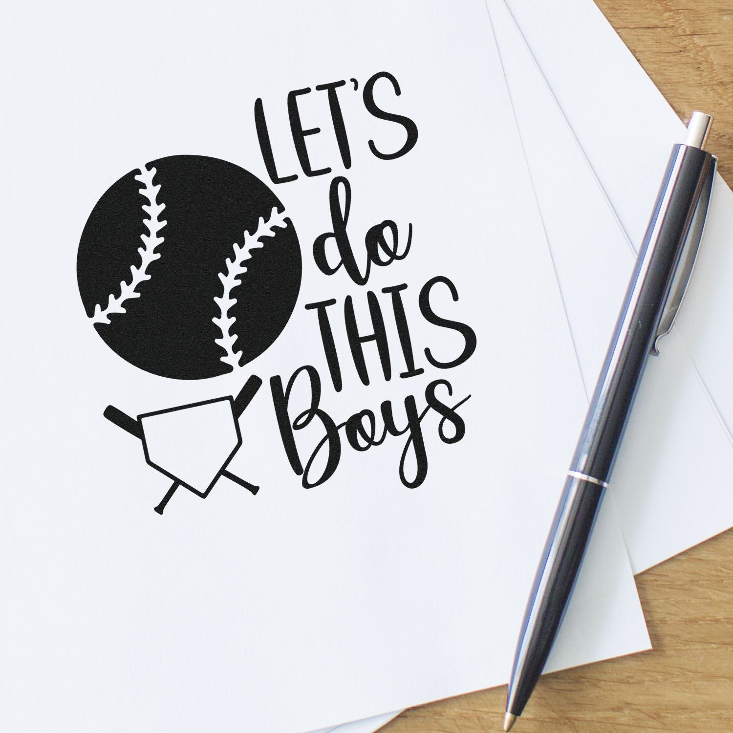 Baseball rubber stamp design with Lets do this boys text, baseball graphic and home plate for team spirit.