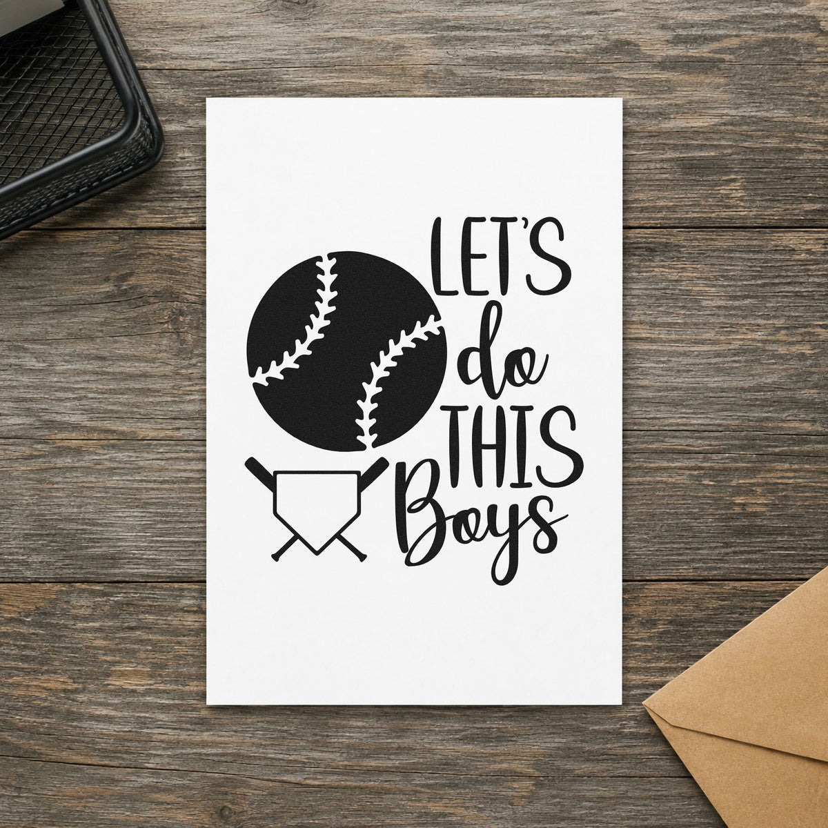 Let's Do This Boys Plate rubber stamp printed in black ink, ready for fundraiser raffle tickets and similar paper crafts.