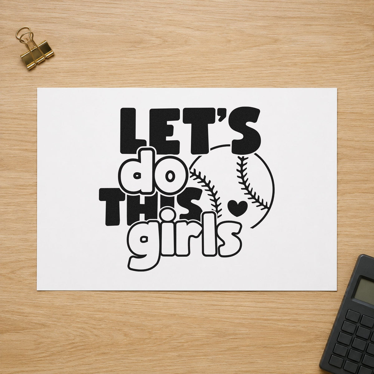 Let's Do This Girls Baseball craft stamp in black ink on cardstock, an easy option for hair bow gift tags.