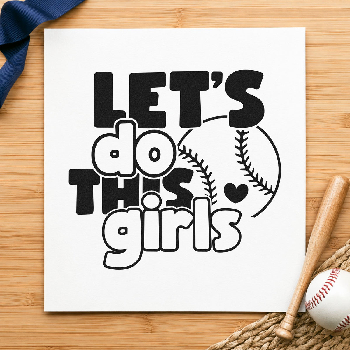 Let's Do This Girls Baseball craft stamp imprint in black ink on a handmade project, one idea being team snack bags.