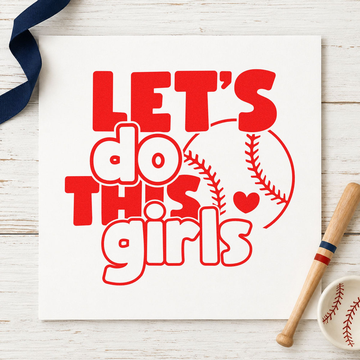 Let's Do This Girls Baseball rubber stamp shown in red ink, stamped for projects such as sleepover party invites.