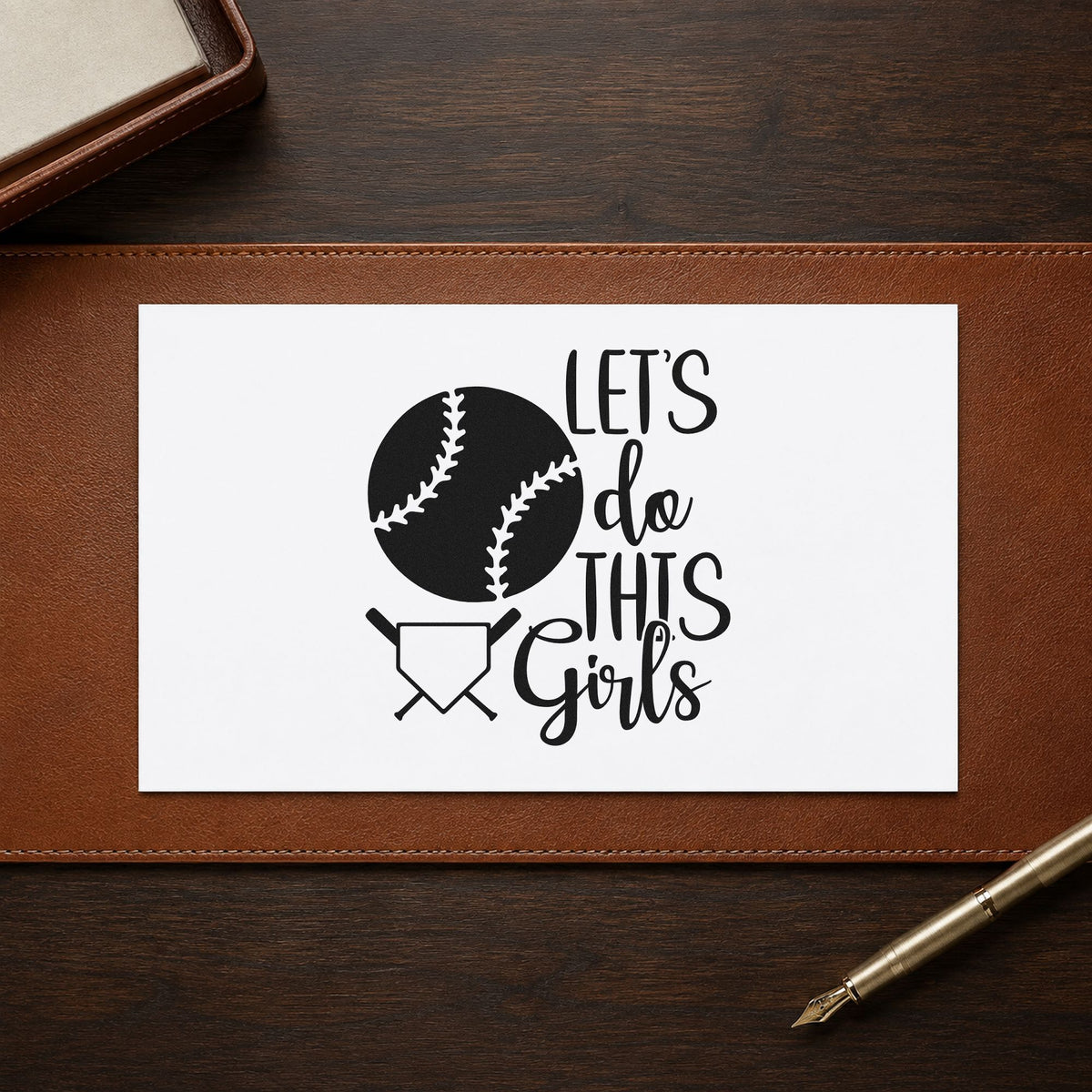 Let's Do This Girls Plate craft stamp in black ink on cardstock, an easy option for equipment bag tags.