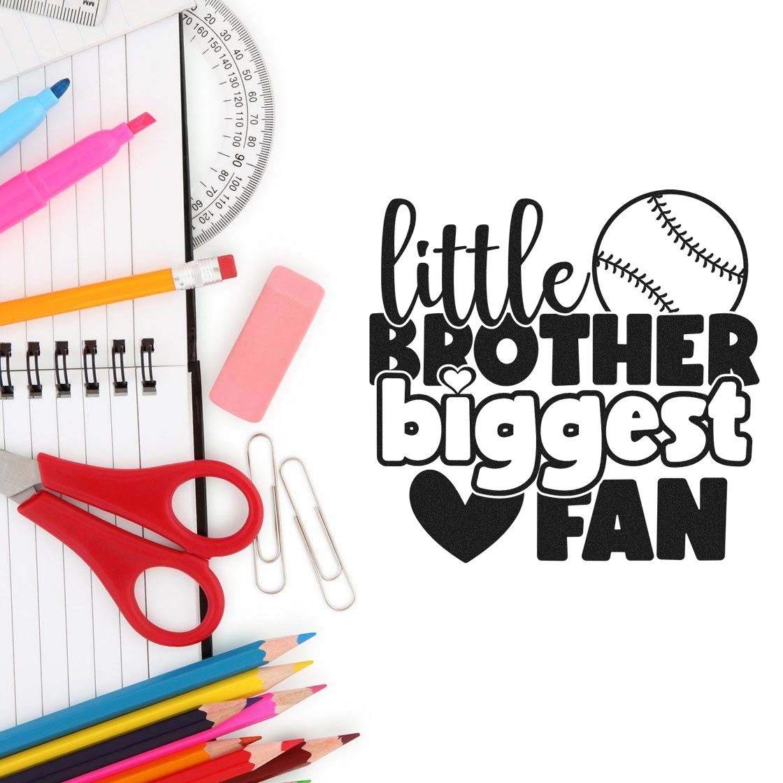 Little Brother Biggest Fan baseball rubber stamp design with school supplies, ideal for sibling sports crafts and cards.