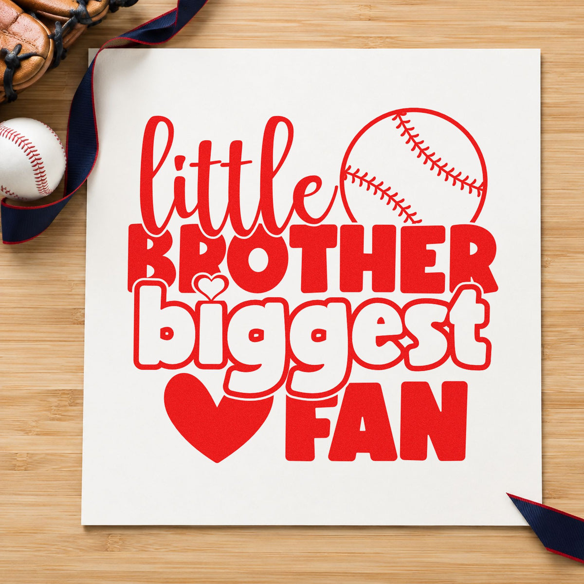 Little Brother Baseball Fan rubber stamp shown in red ink, stamped for projects such as snack pouch labels.