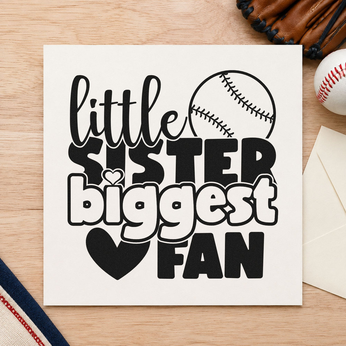Little Sister Baseball Fan craft stamp imprint in black ink on a handmade project, one idea being scrapbook sibling pages.