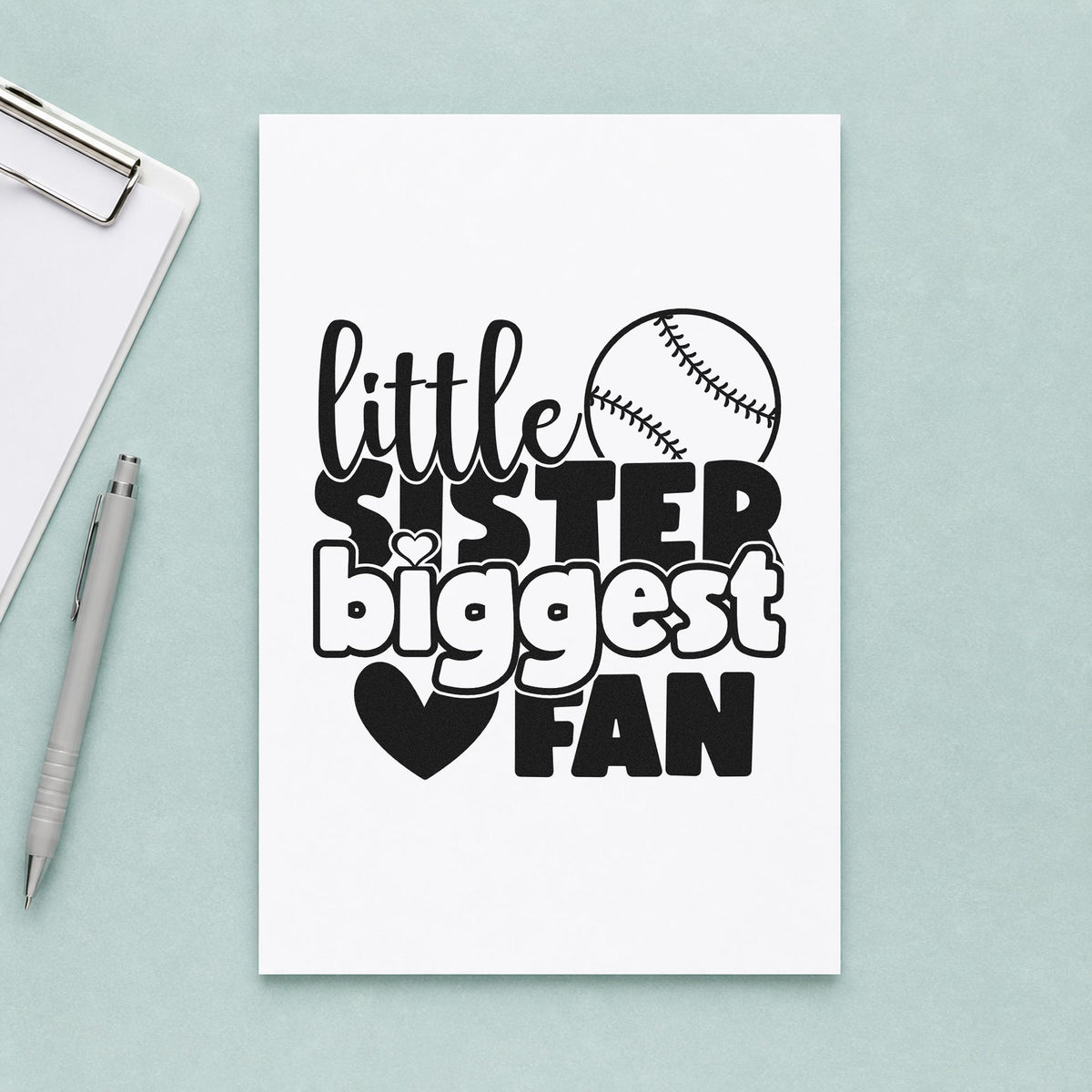 Little Sister Baseball Fan rubber stamp printed in black ink, ready for kid fan tees and similar paper crafts.