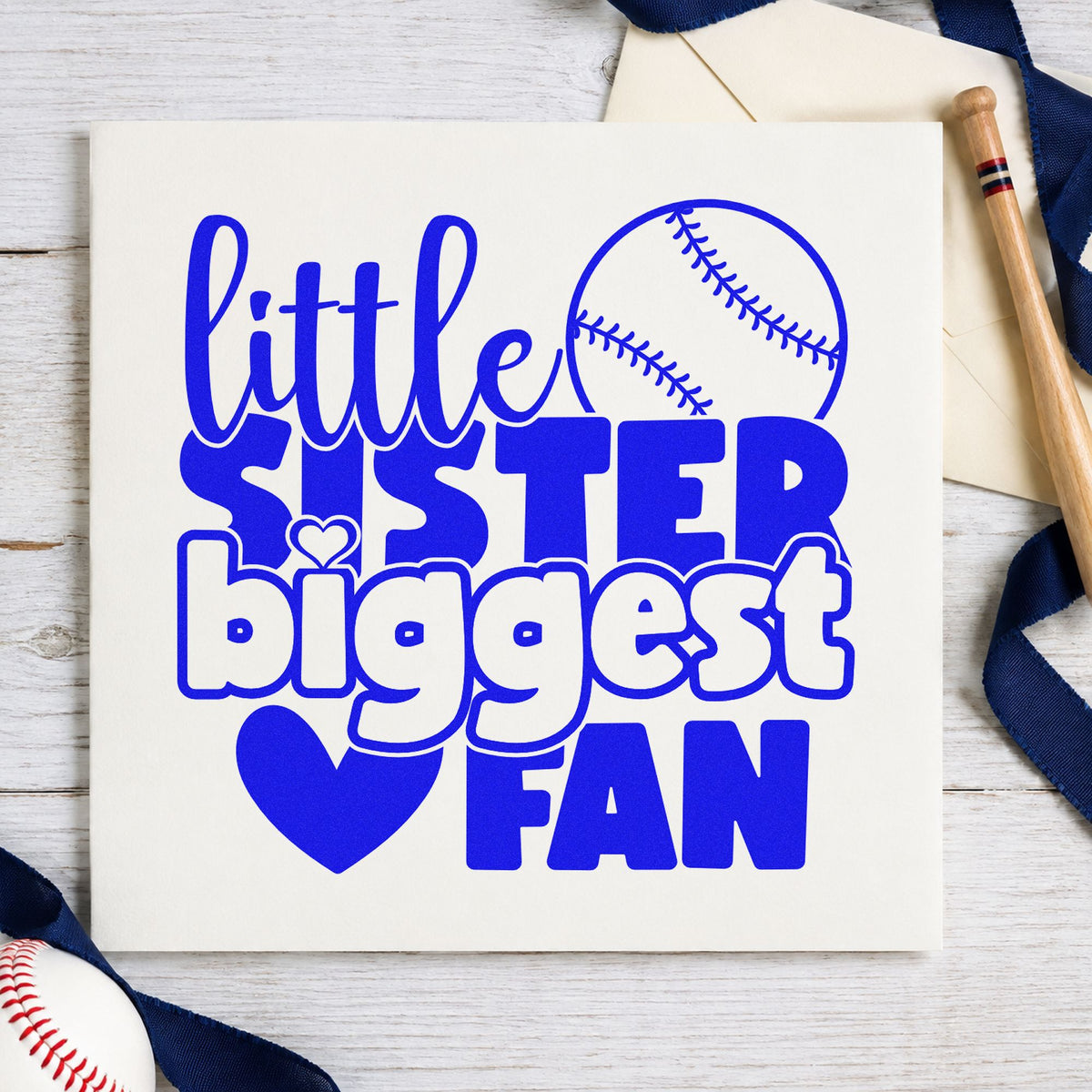 Little Sister Baseball Fan craft stamp in blue ink on cardstock, an easy option for coloring crafts.