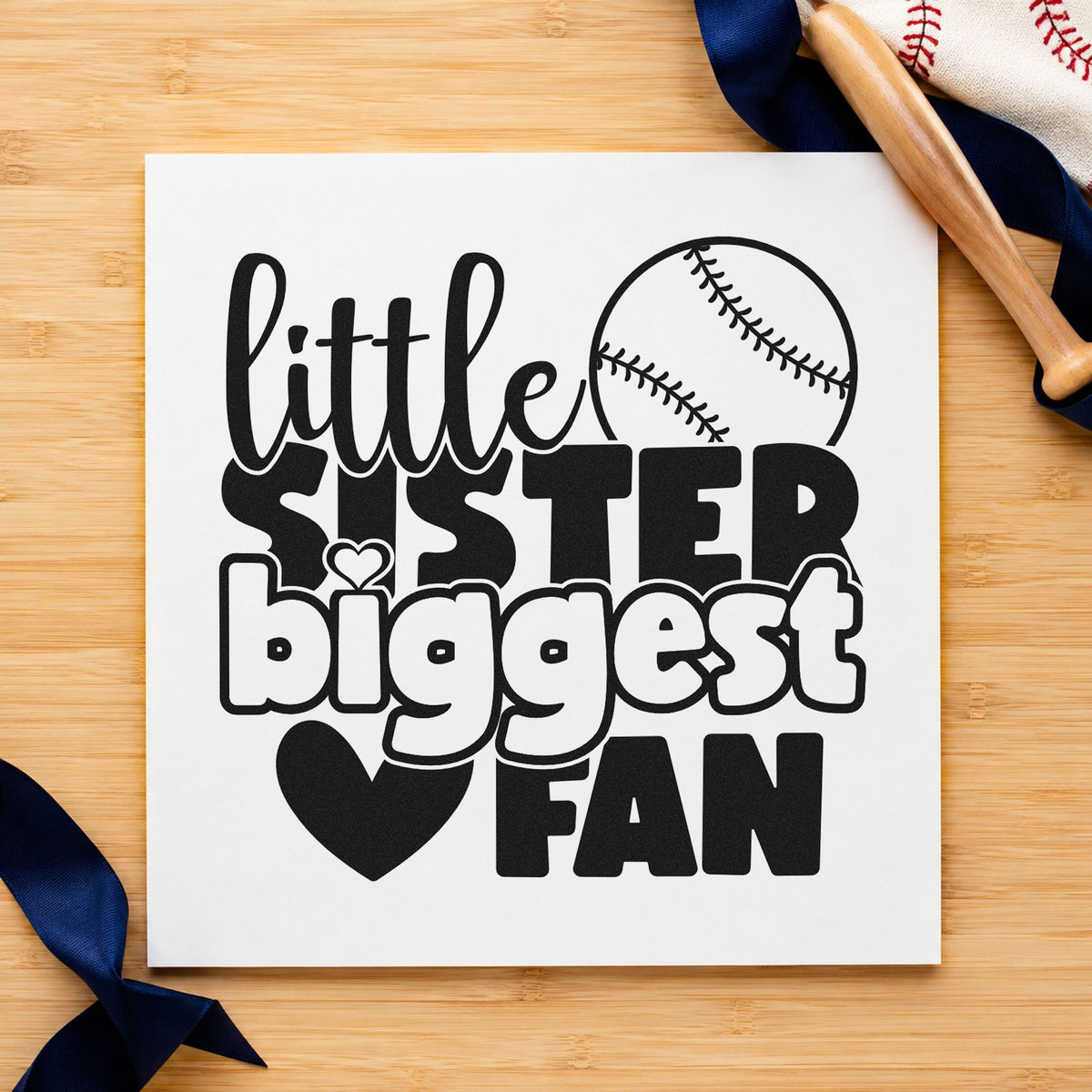 Little Sister Baseball Fan rubber stamp printed in black ink, ready for sister birthday cards and similar paper crafts.