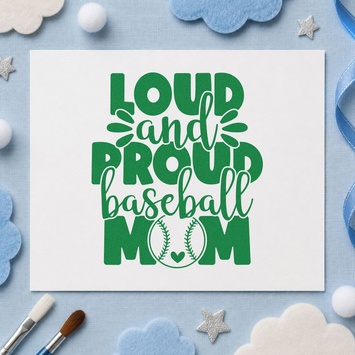 Proud Baseball Mom craft stamp imprint in green ink on a handmade project, one idea being bake sale price tags.