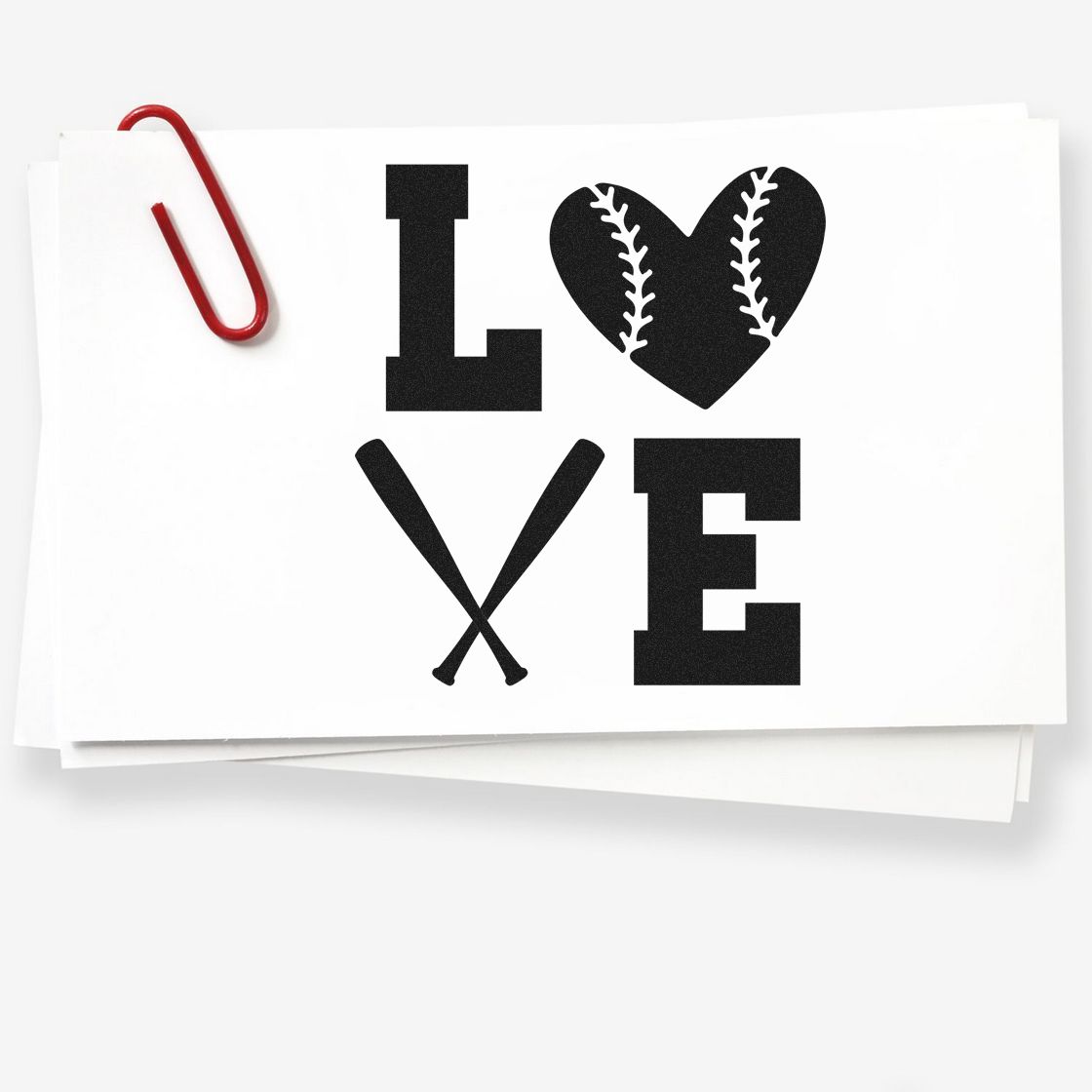 Love With Baseball Heart And Crossed Bats Premium Wooden Stamp - Vintage Pro imprint stamped in black ink. A solid stitched heart replaces the O and crossed bats form the V in a square "Love" design.