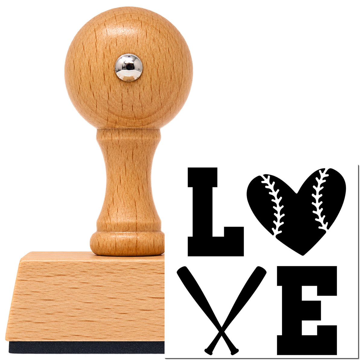 Love With Baseball Heart And Crossed Bats Vintage Pro rubber stamp in European beech wood with a round knob handle, shown beside its black imprint.