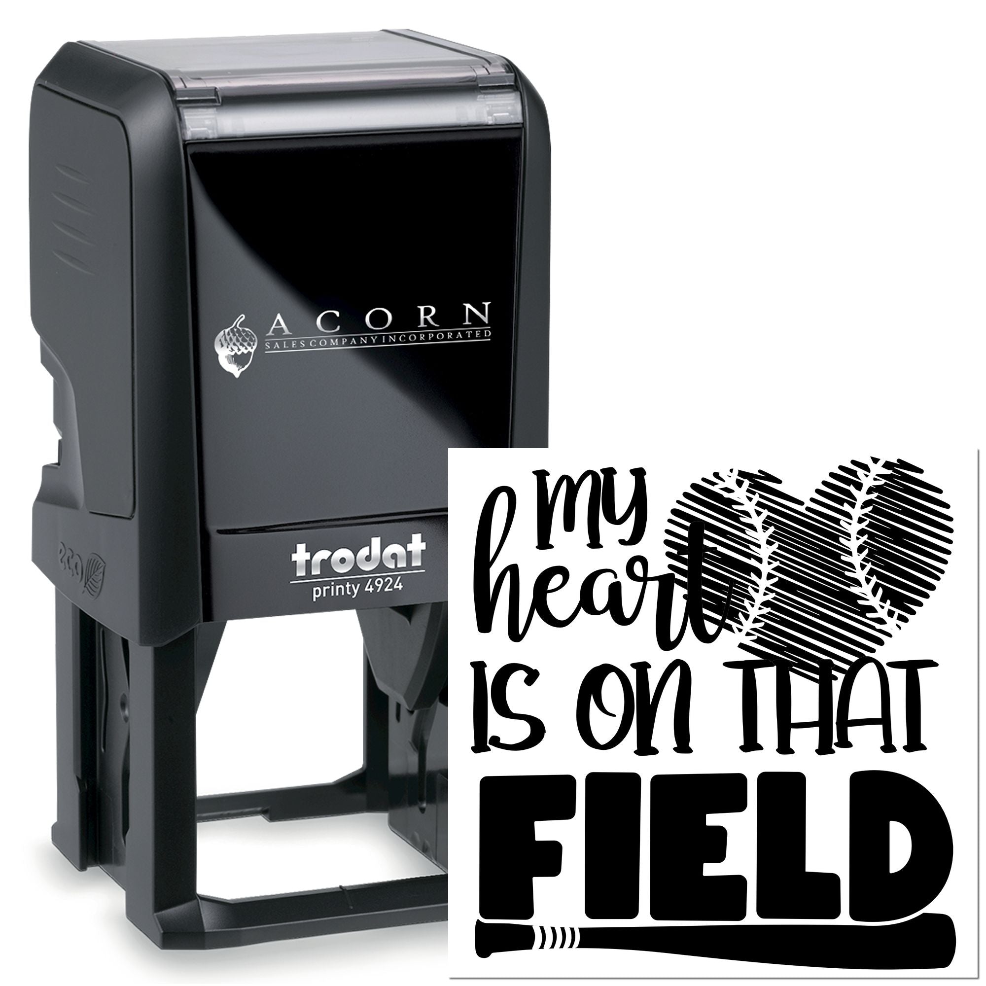 Custom self-inking rubber stamp with my heart is on that field baseball design, Trodat Printy 4924 personalized stamp.