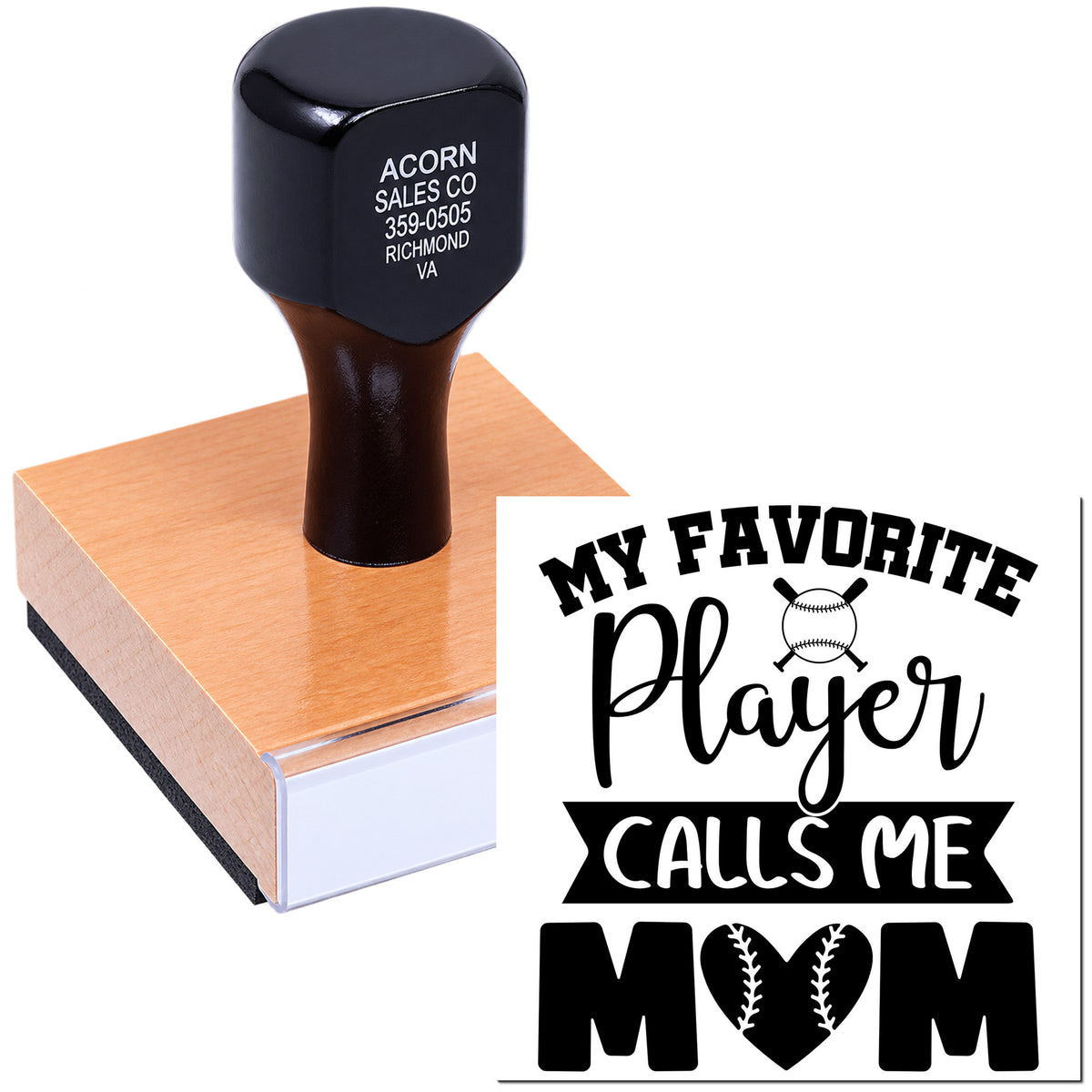 Custom baseball mom rubber stamp with My Favorite Player Calls Me Mom design on a wooden block stamp.