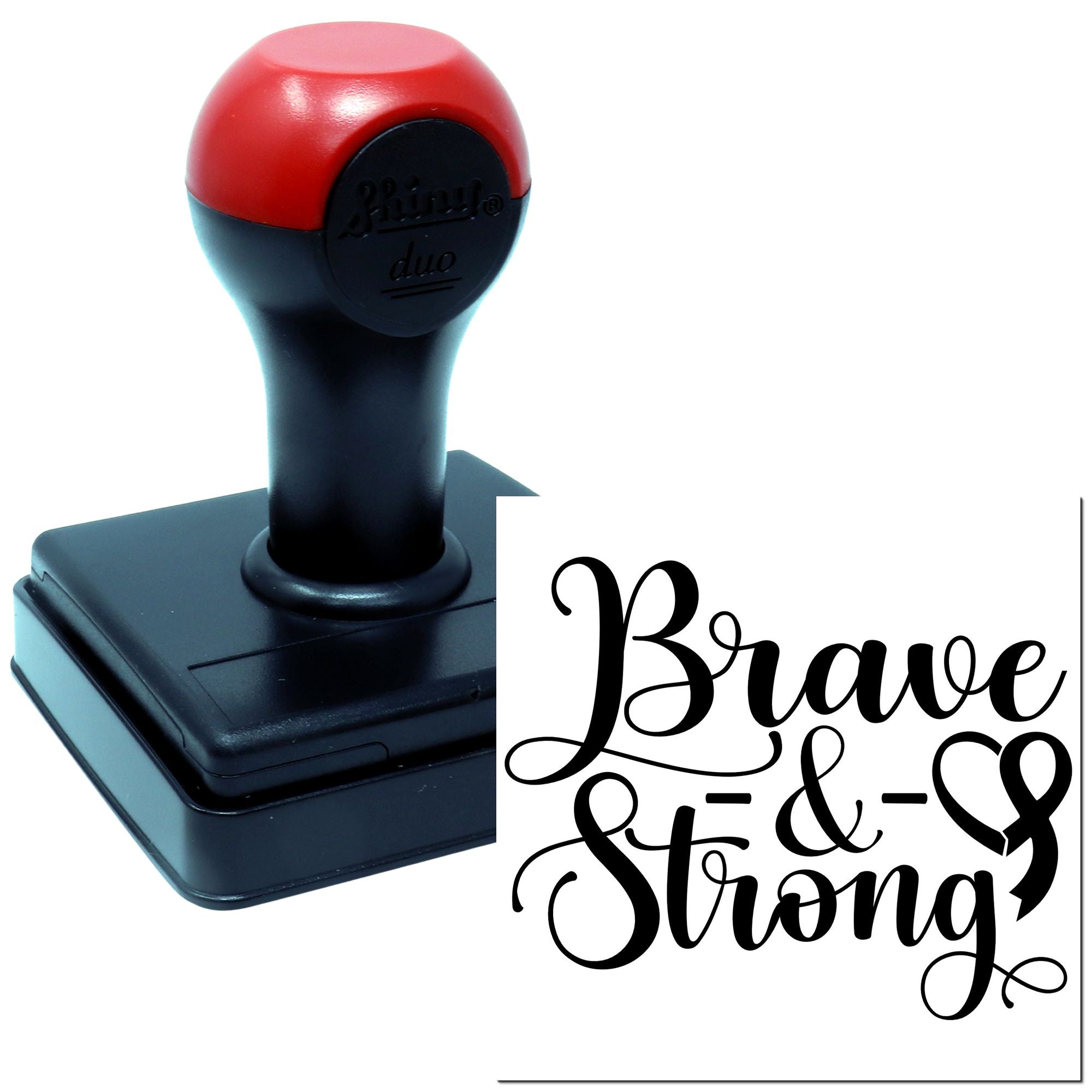 Self-inking rubber stamp with "Brave & Strong" script design, ideal for inspirational crafts, packaging, and custom branding.