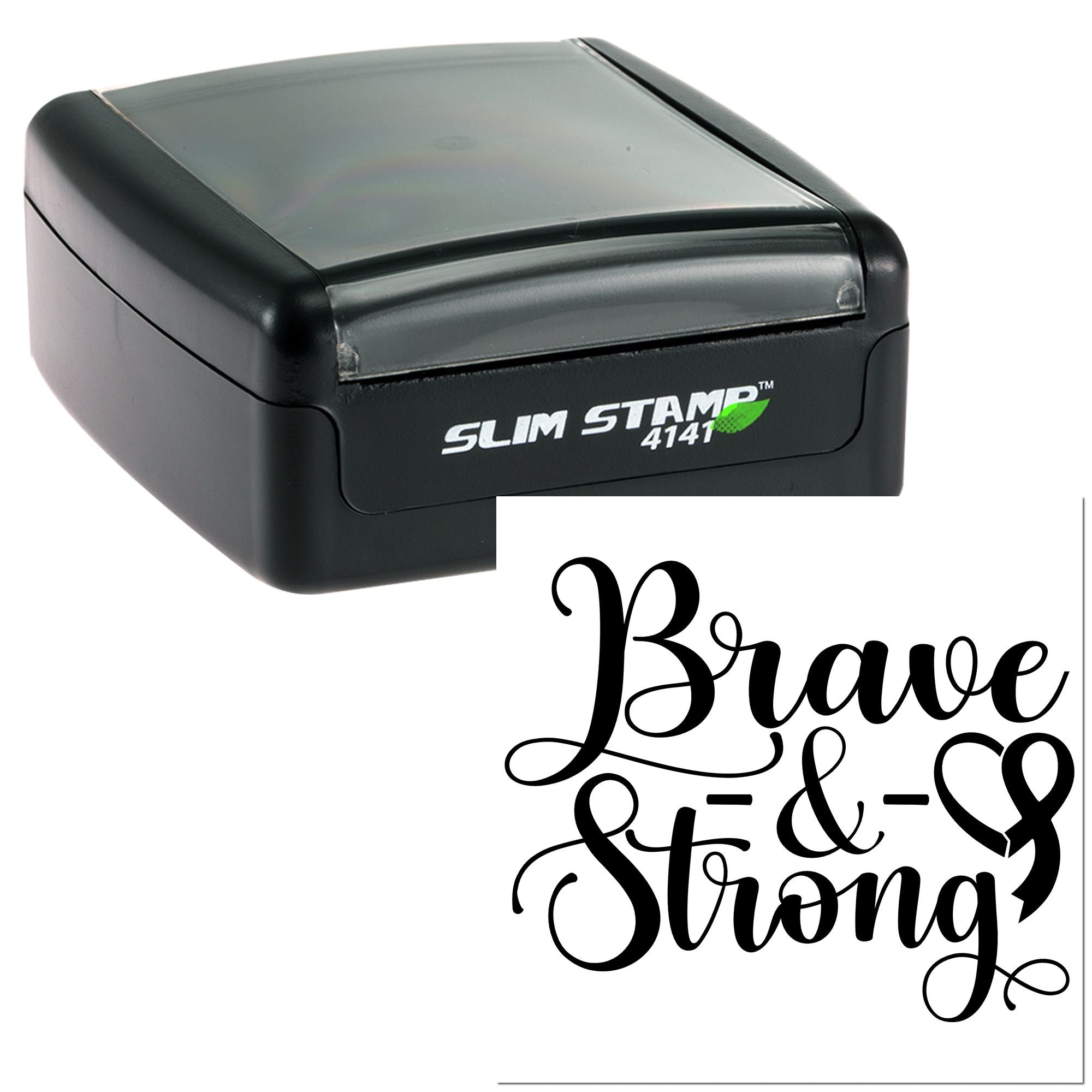 Slim Stamp 4141 self-inking rubber stamp with Brave & Strong script for personalized crafts and business branding.