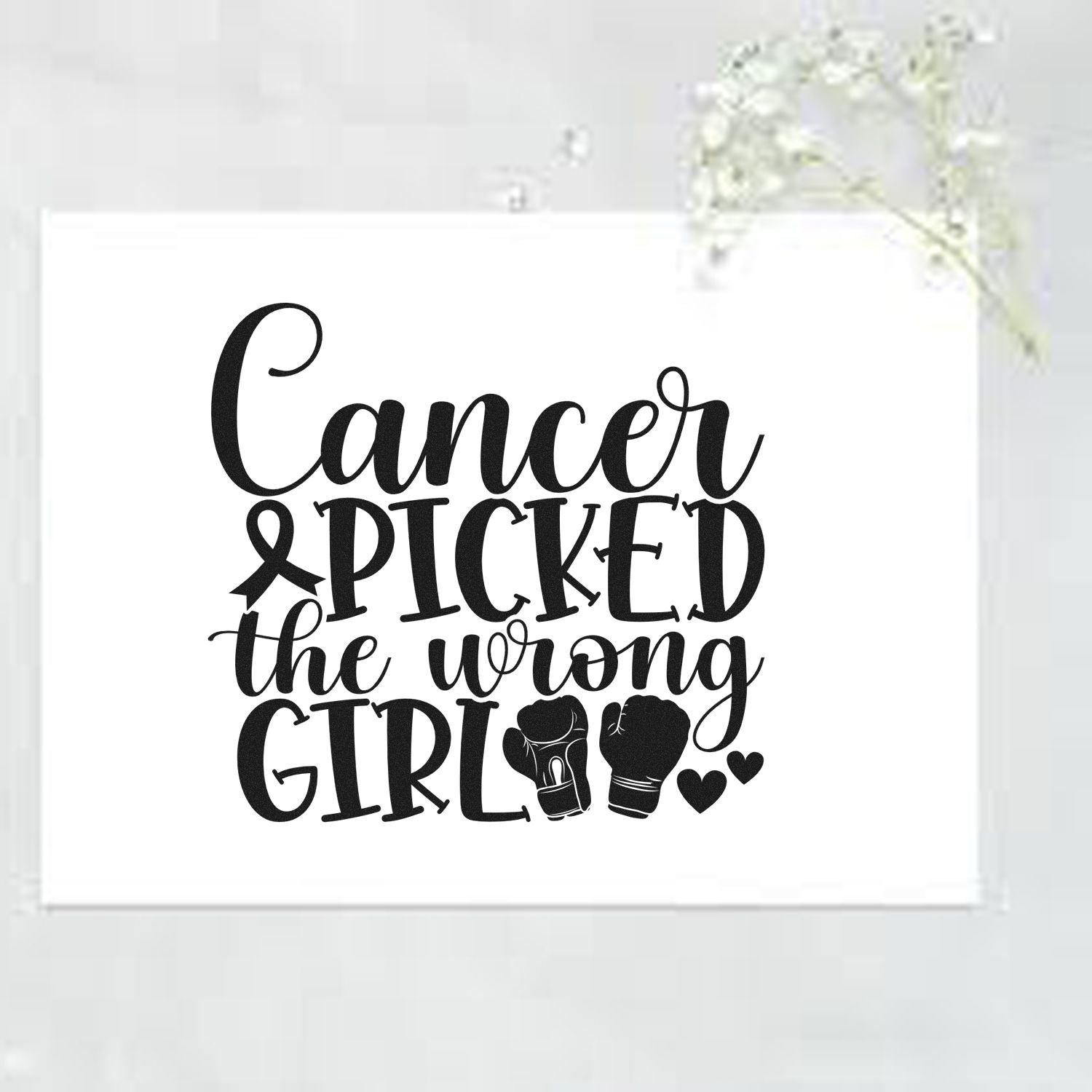 Cancer picked the wrong girl cancer awareness rubber stamp with boxing gloves, ribbon and hearts for survivor strength.