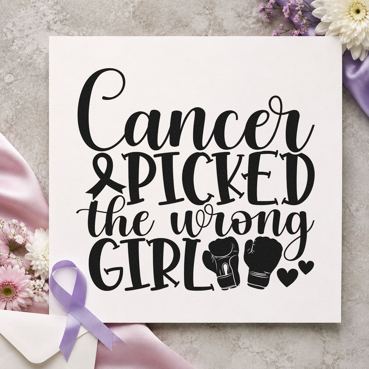 Cancer Picked the Wrong Girl craft stamp imprinted in black ink on paper, a design suited to tote bag printing.