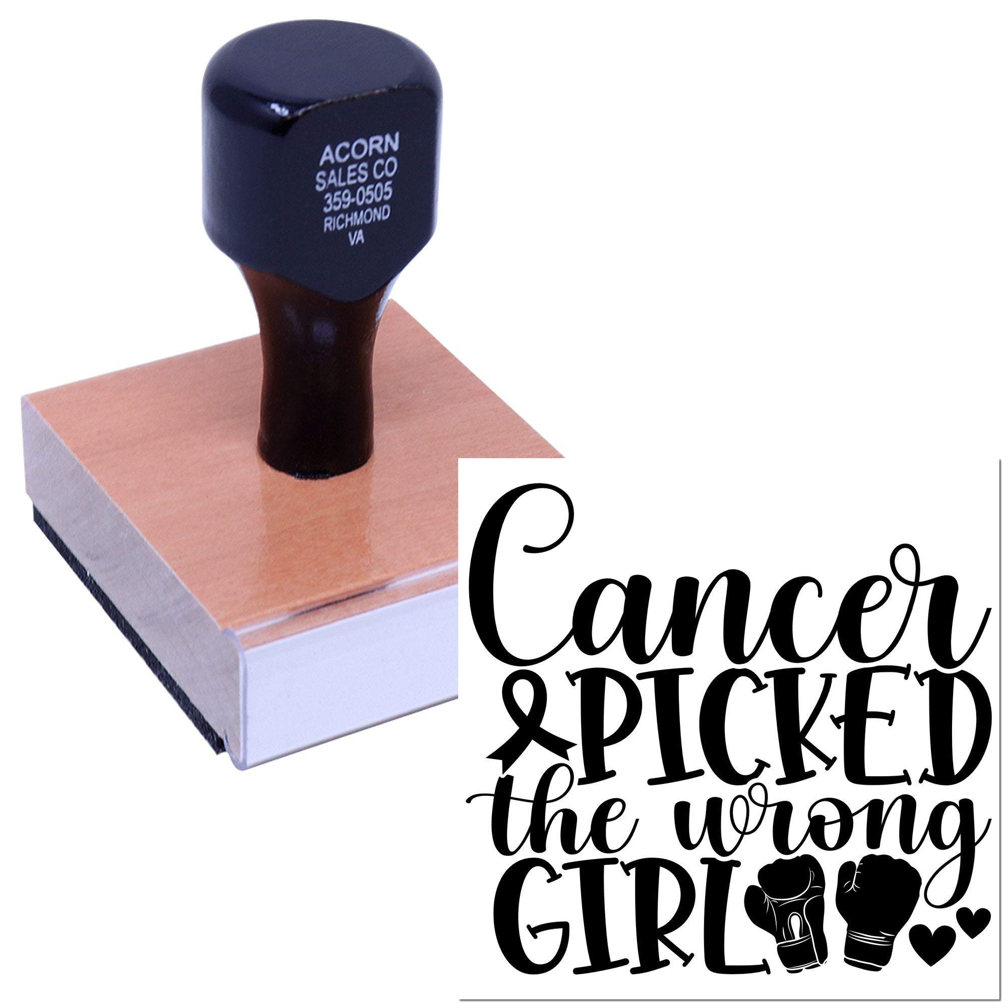 Custom rubber stamp with Cancer picked the wrong girl boxing design for breast cancer awareness and survivor support.