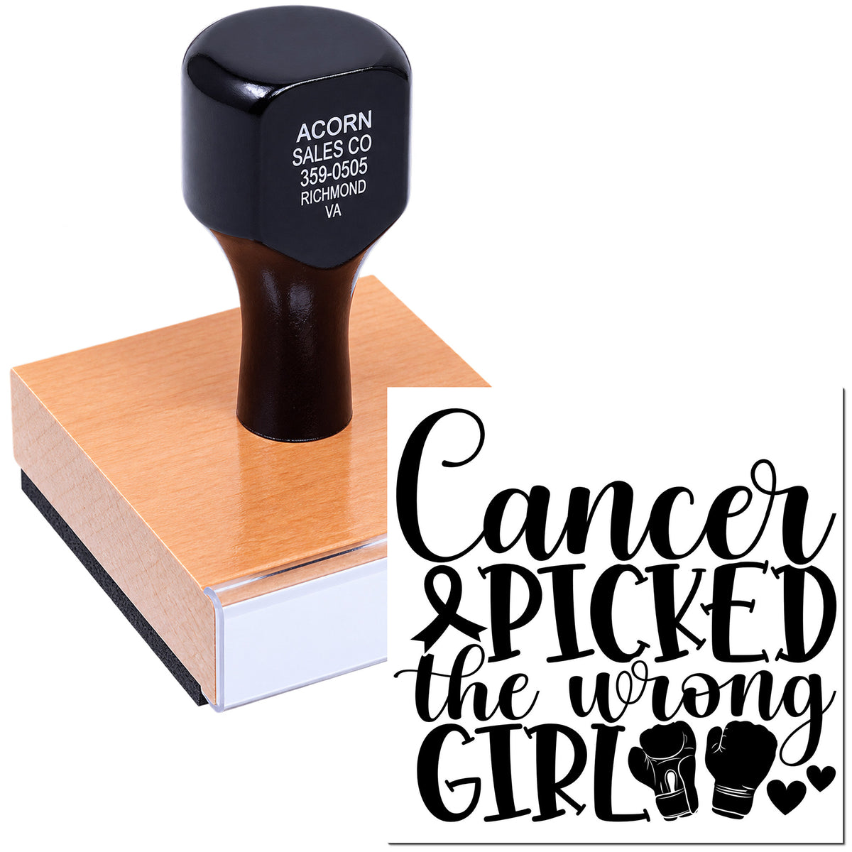 Custom rubber stamp with Cancer picked the wrong girl boxing design for breast cancer awareness and survivor support.