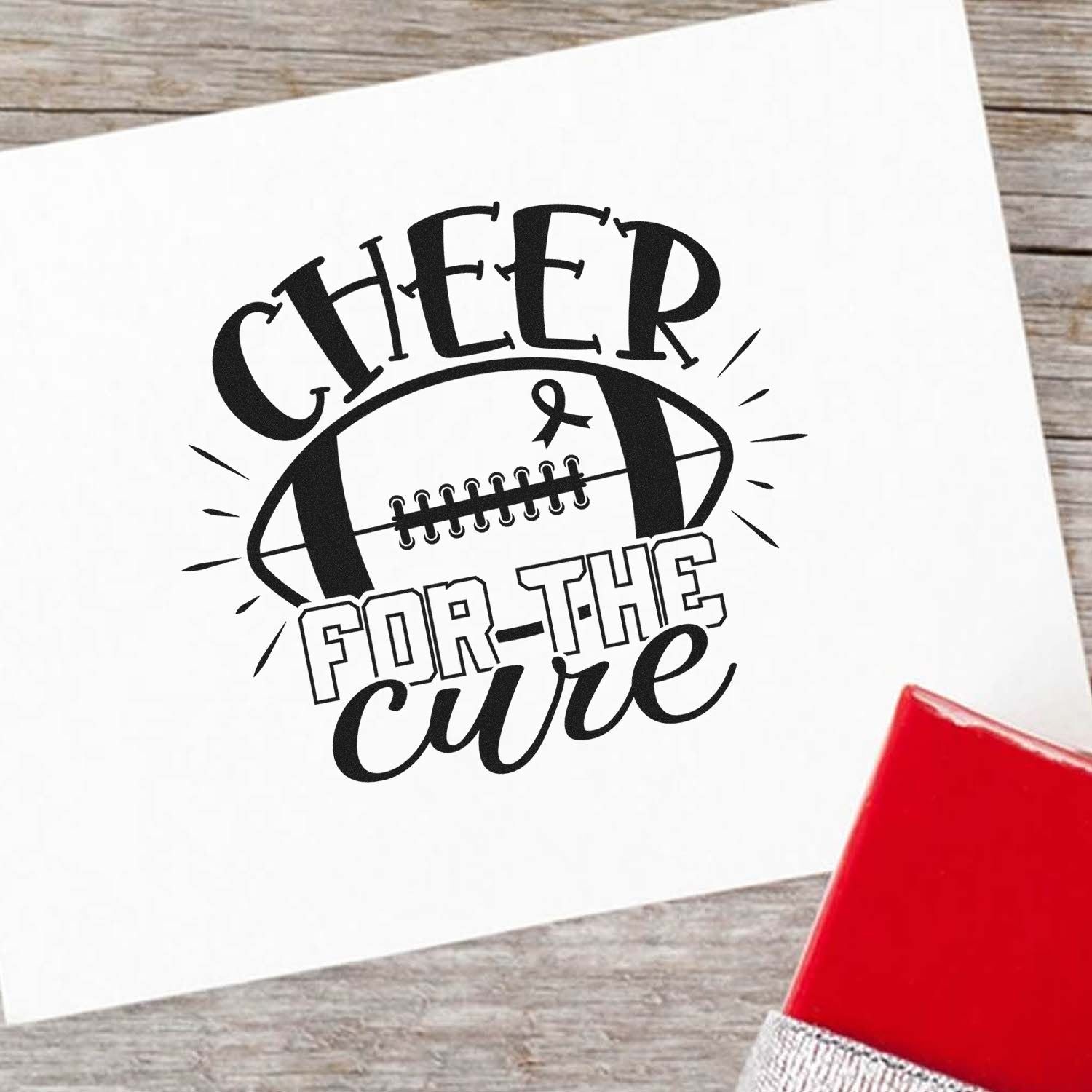 Cheer for the Cure football breast cancer awareness rubber stamp for fundraiser cards, scrapbook pages, and DIY crafts.