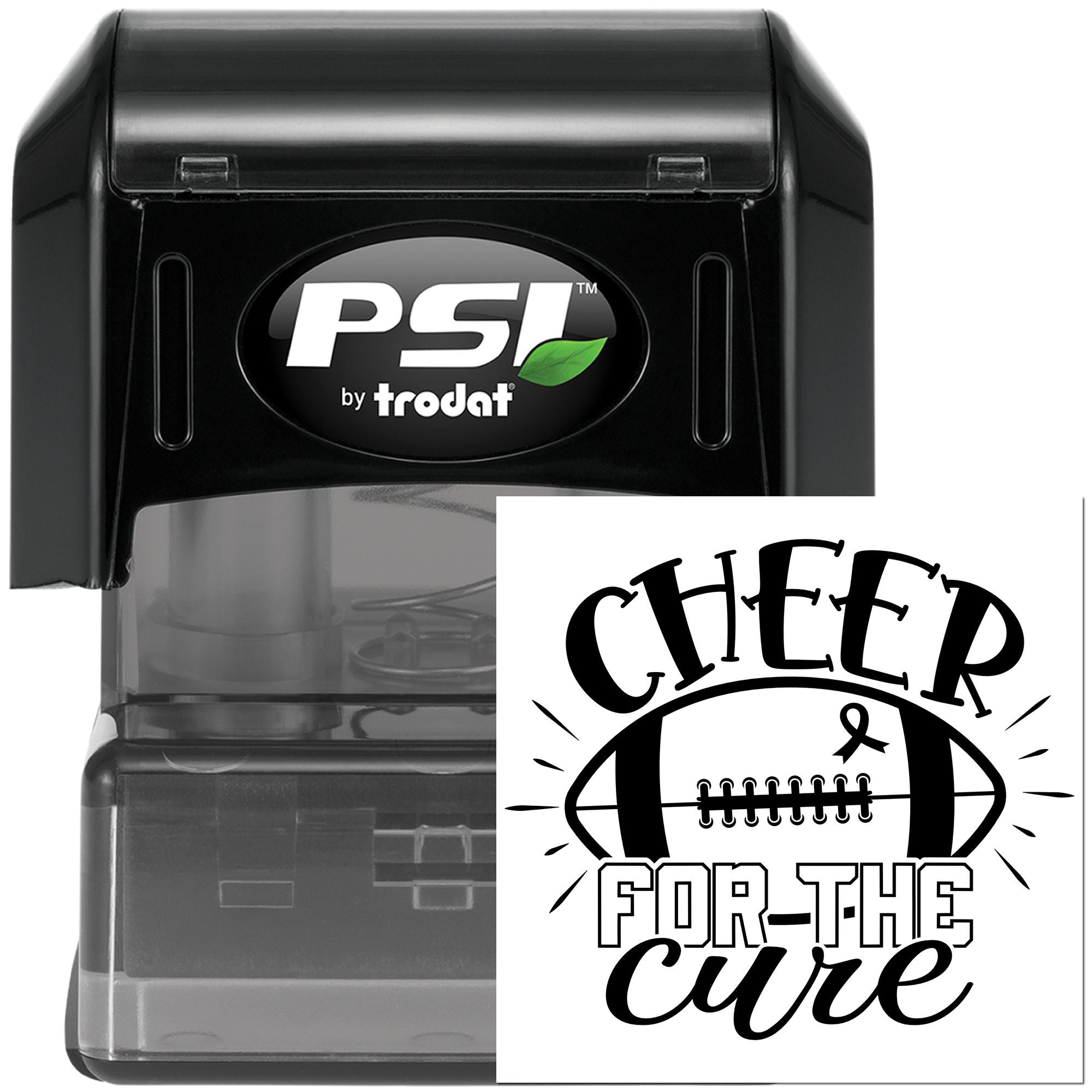 PSI by Trodat self-inking rubber stamp with Cheer for the Cure football design for breast cancer awareness.