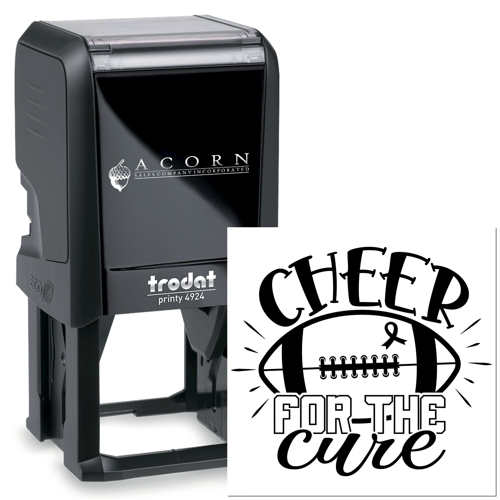Trodat self-inking rubber stamp with custom Cheer for the Cure football ribbon imprint for breast cancer awareness.