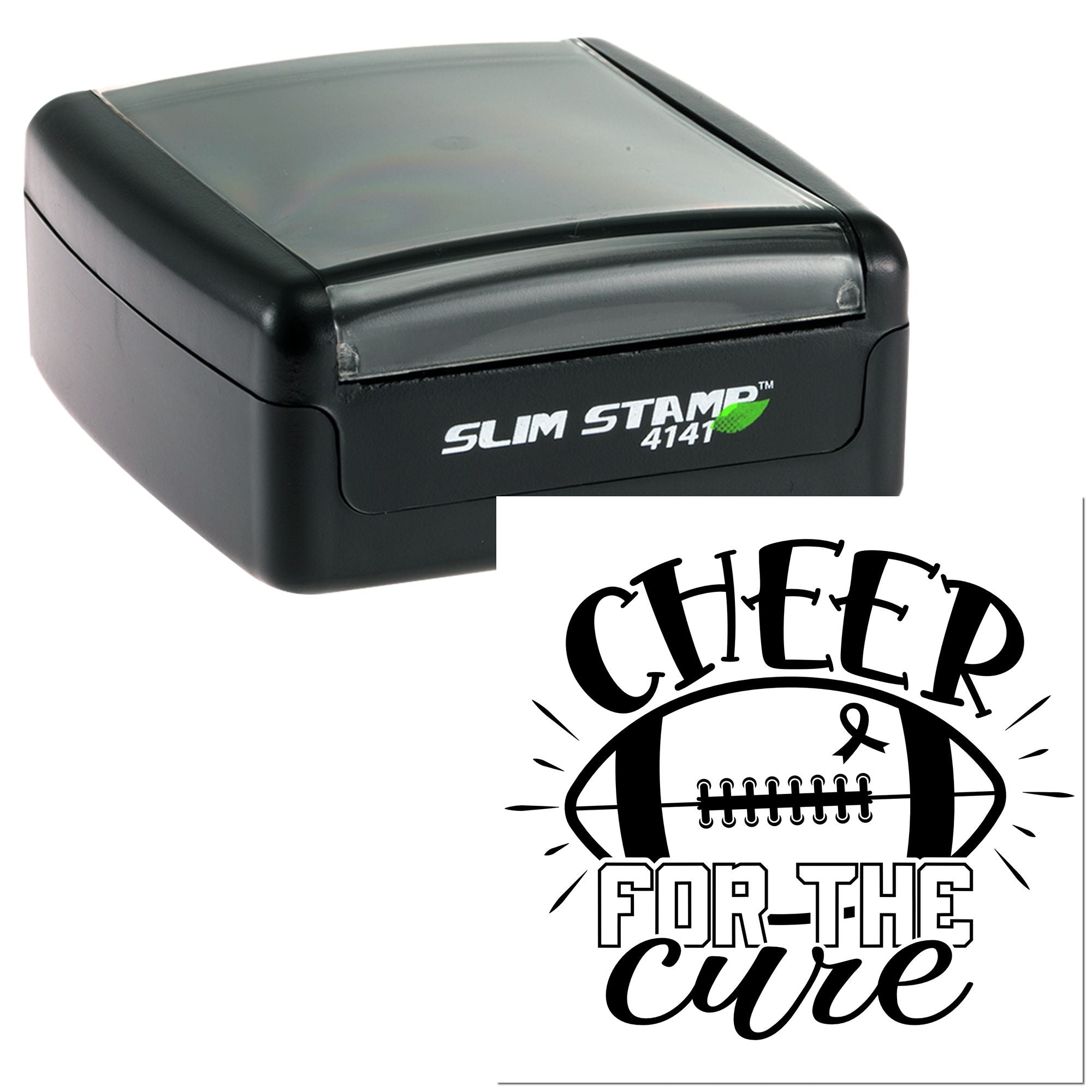 Custom self-inking rubber stamp with Cheer for the Cure football breast cancer awareness design.