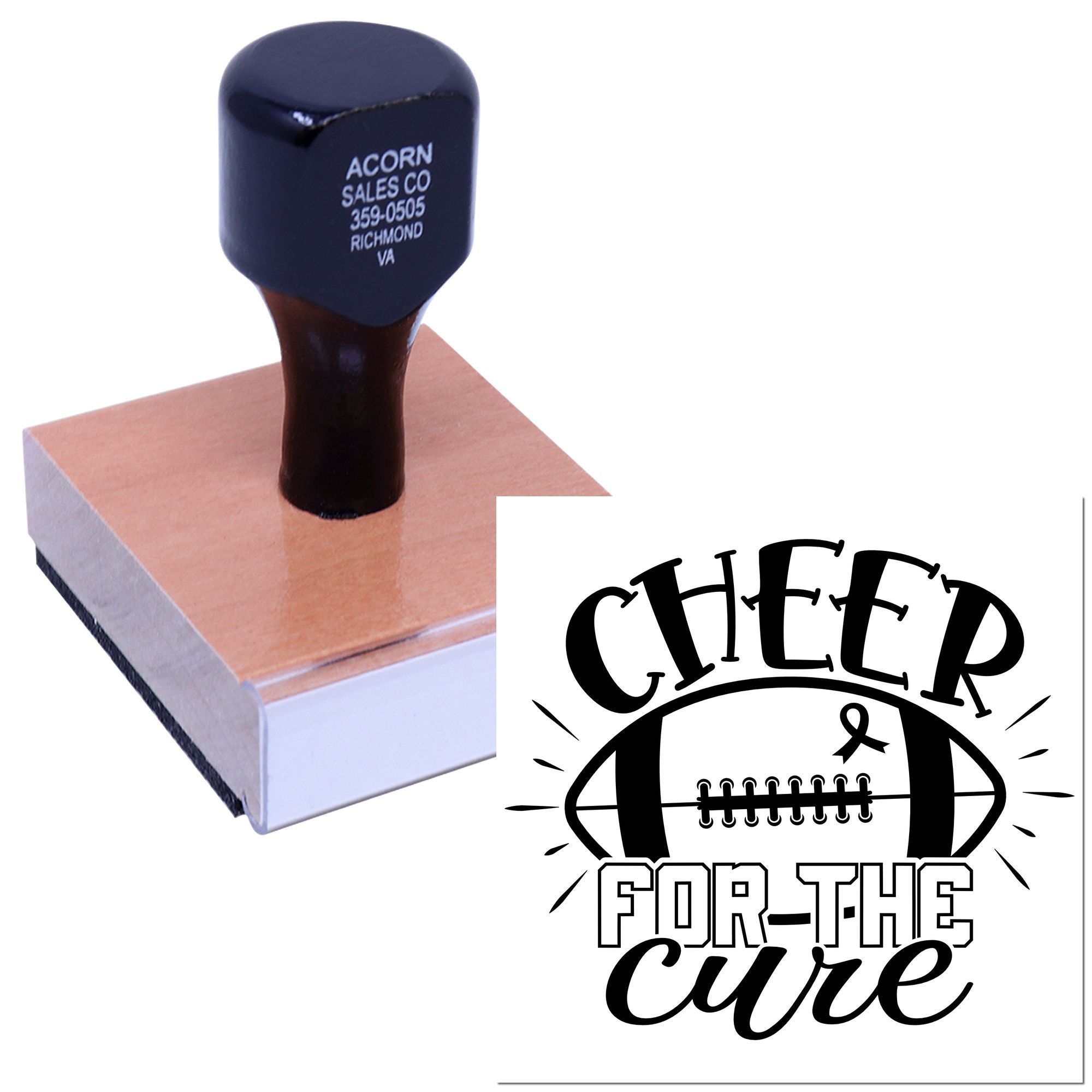 Custom wood-mounted rubber stamp for Cheer for the Cure football fundraiser and breast cancer awareness branding.