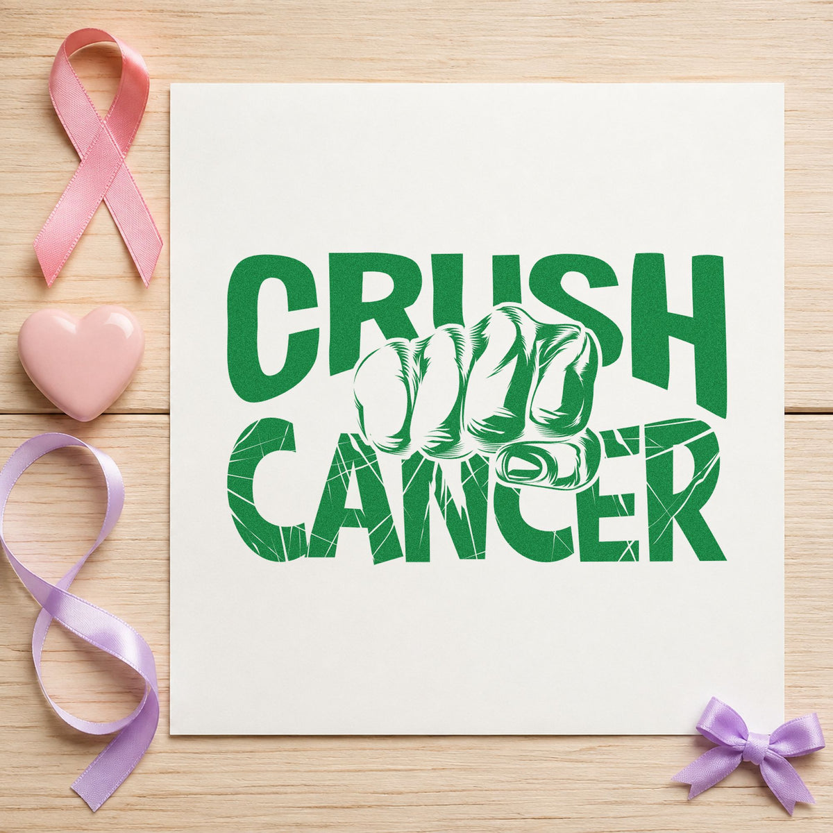 Crush Cancer Fist craft stamp in green ink on cardstock, an easy option for support crew shirts.