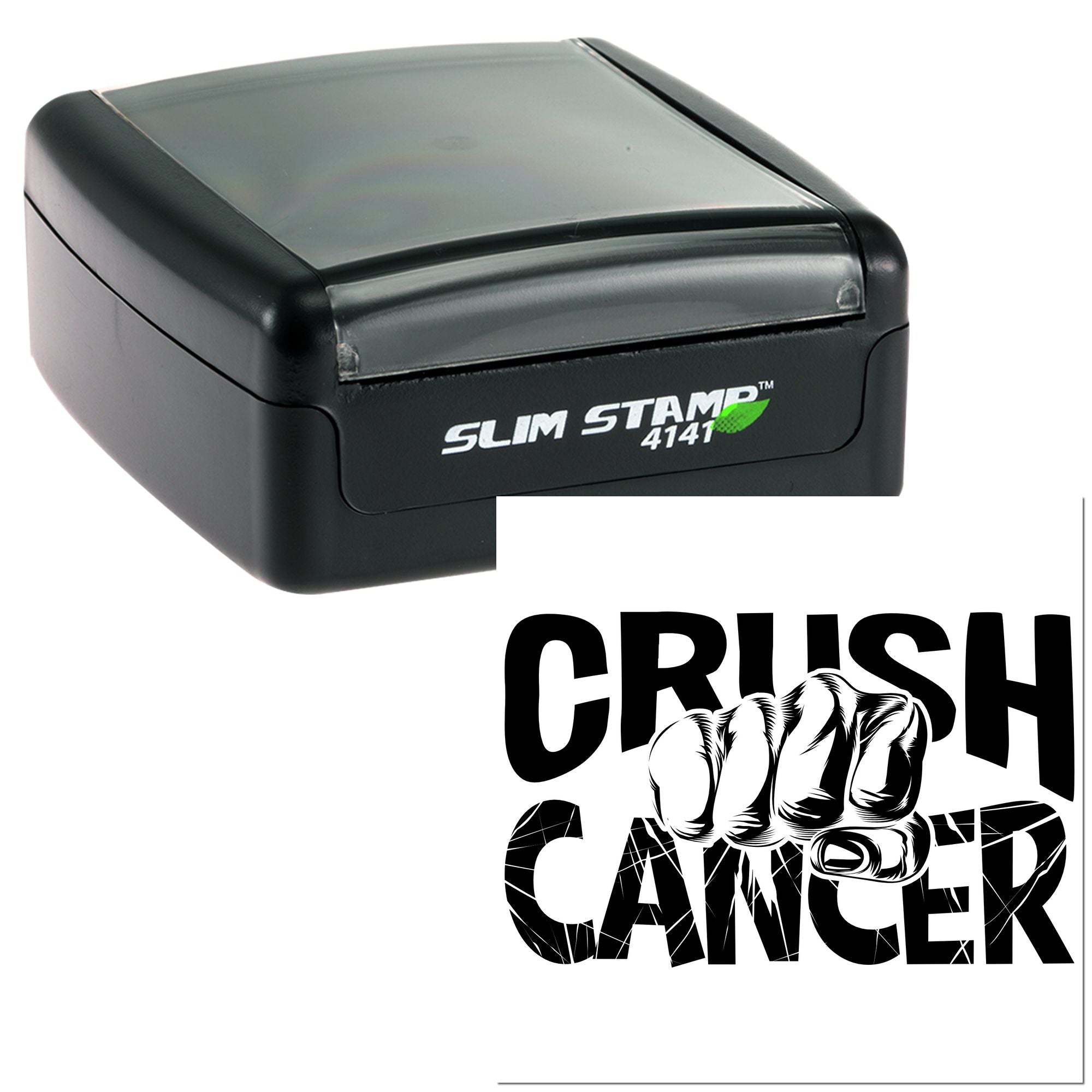 Slim self-inking rubber stamp featuring a Crush Cancer fist design for cancer awareness campaigns.