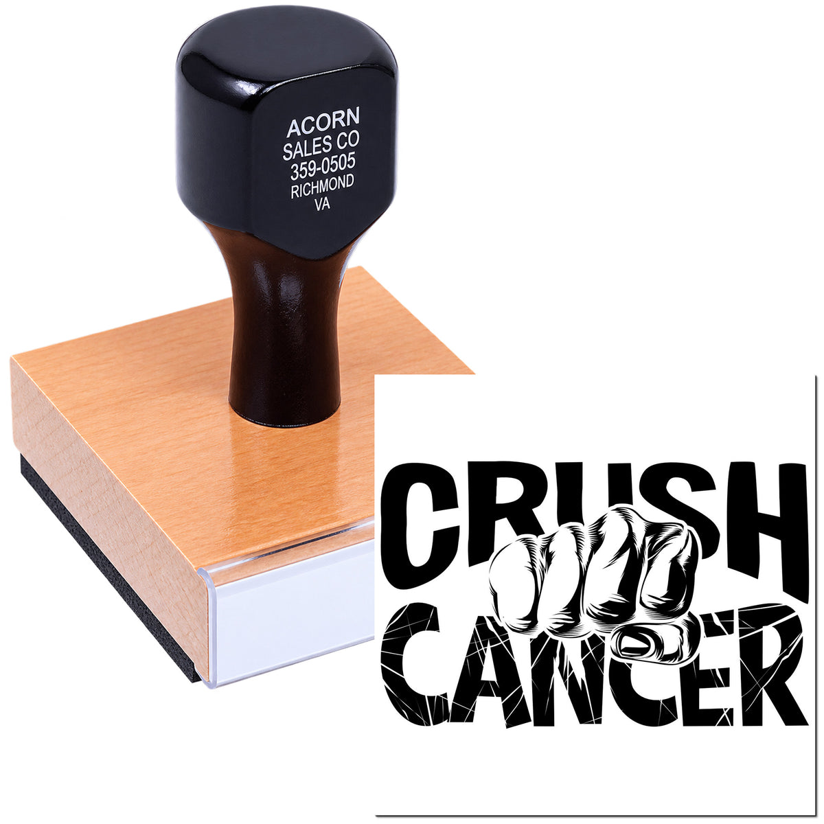Custom rubber stamp with Crush Cancer fist design on wooden block for cancer awareness campaigns and charity fundraising.