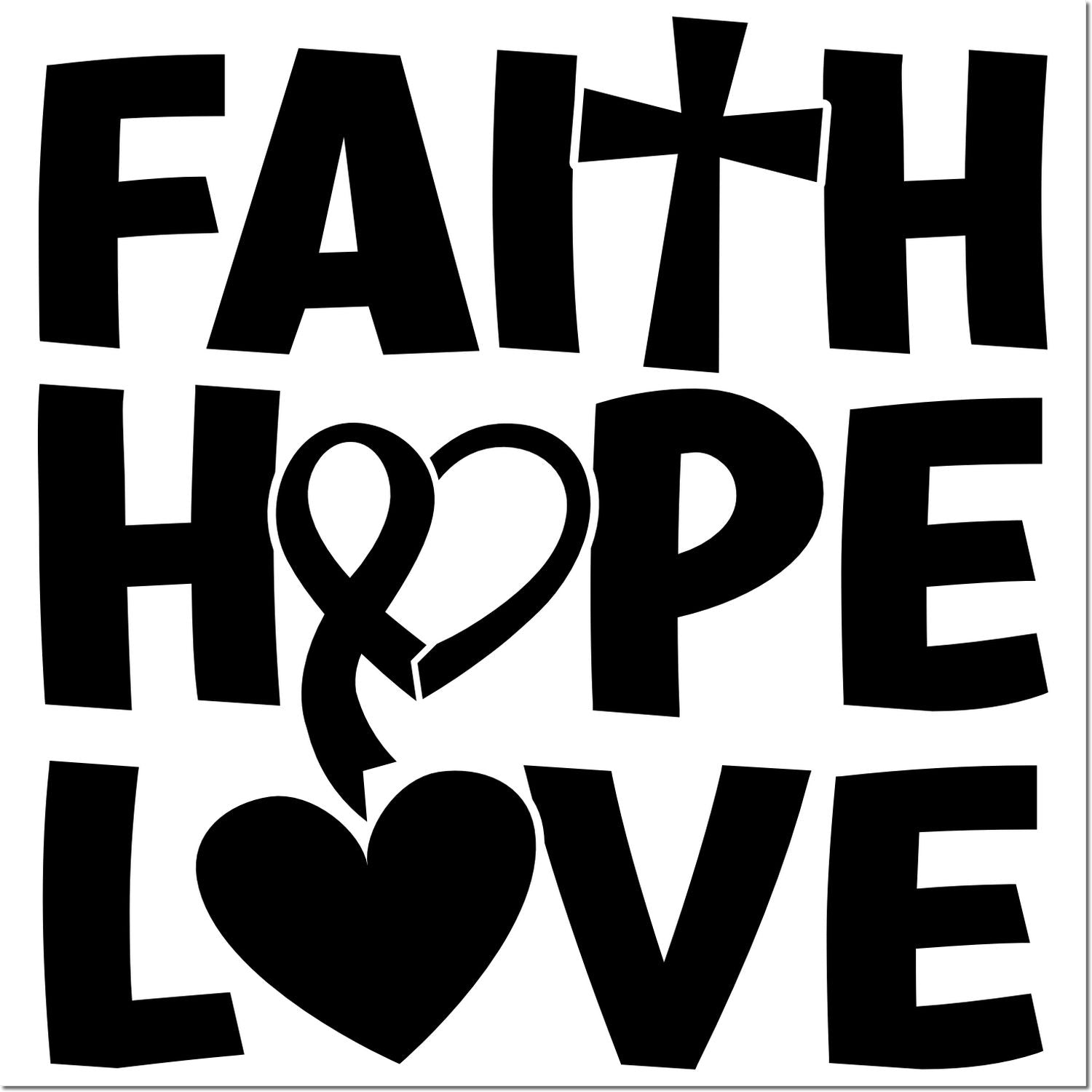 Faith Hope Love rubber stamp design with heart icon, bold Christian typography for cards, scrapbooking, and Bible journaling.