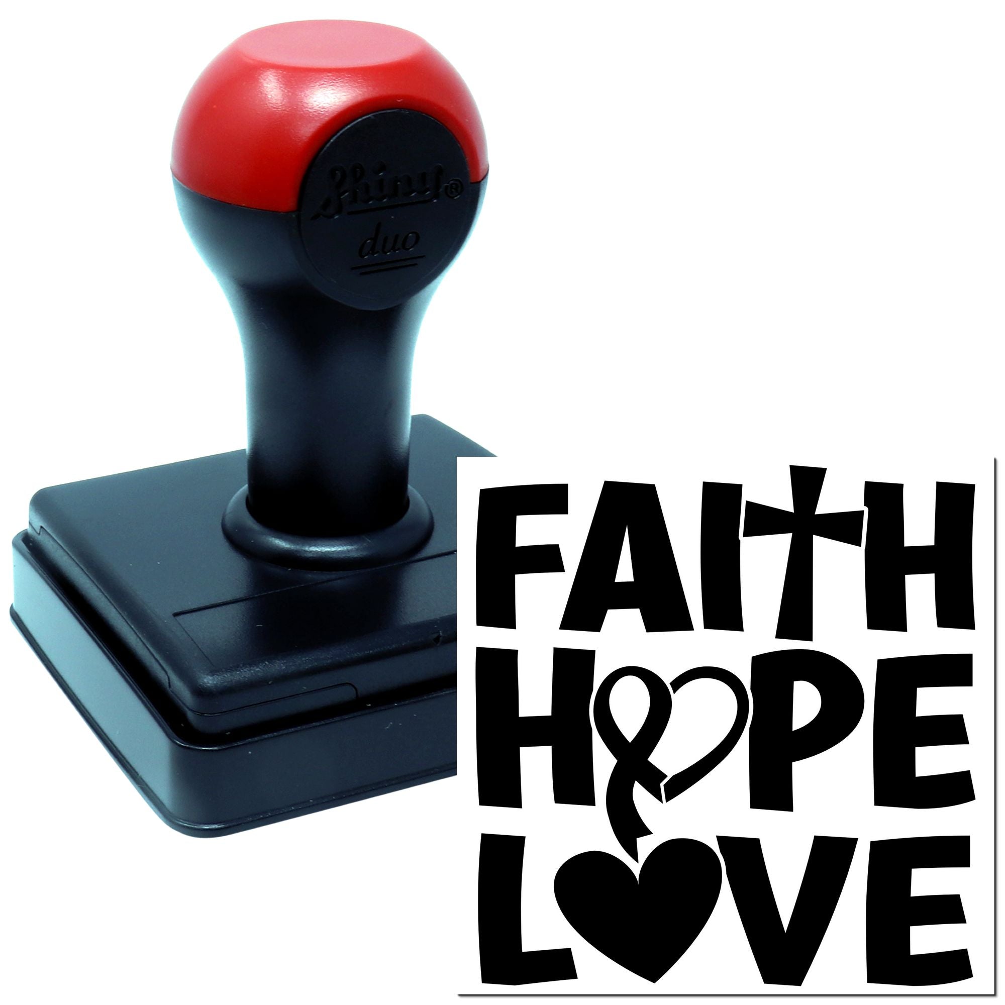 Faith Hope Love self-inking rubber stamp with bold heart-themed imprint for crafts and inspirational projects