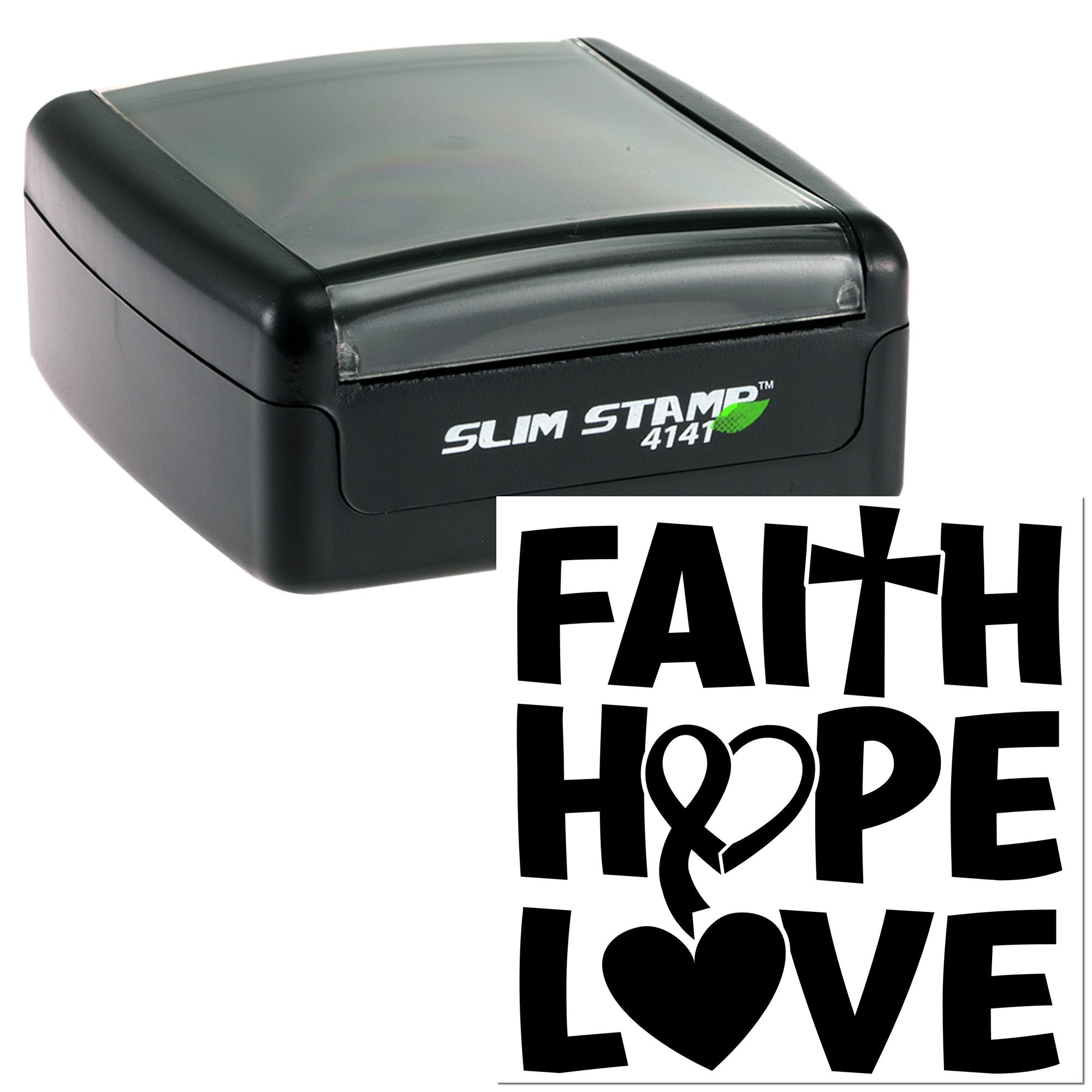 Self-inking rubber stamp showing Faith Hope Love design for Christian crafts, cards, and custom stamping.