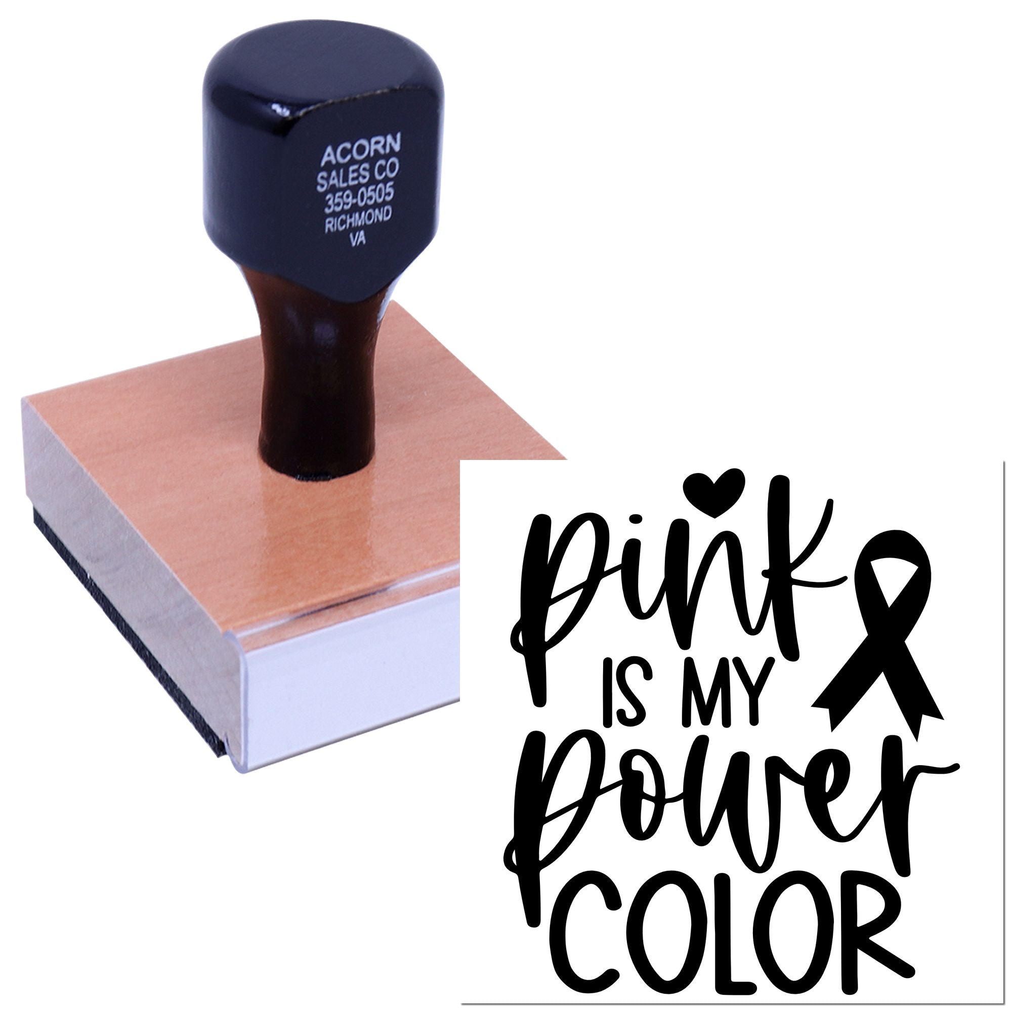 Personalized rubber stamp with Pink Is My Power Color text and breast cancer ribbon design