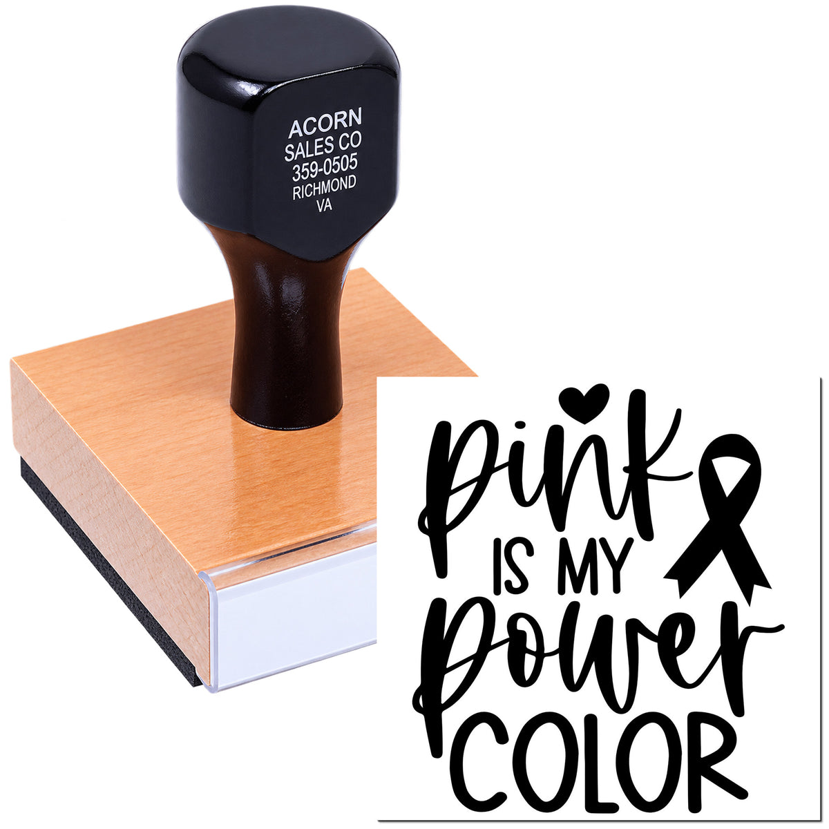 Personalized rubber stamp with Pink Is My Power Color text and breast cancer ribbon design