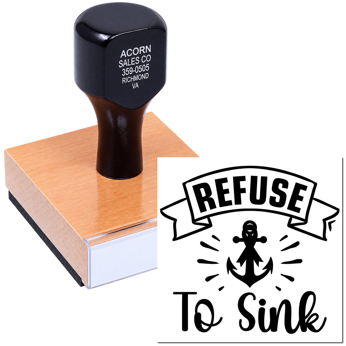Custom rubber stamp with Refuse to Sink anchor design for motivational crafting, branding, or card making