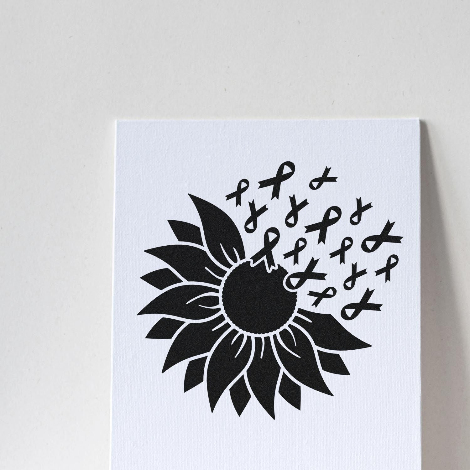 Sunflower and awareness ribbon rubber stamp design for cancer support cards, memorial crafts, and fundraising projects.