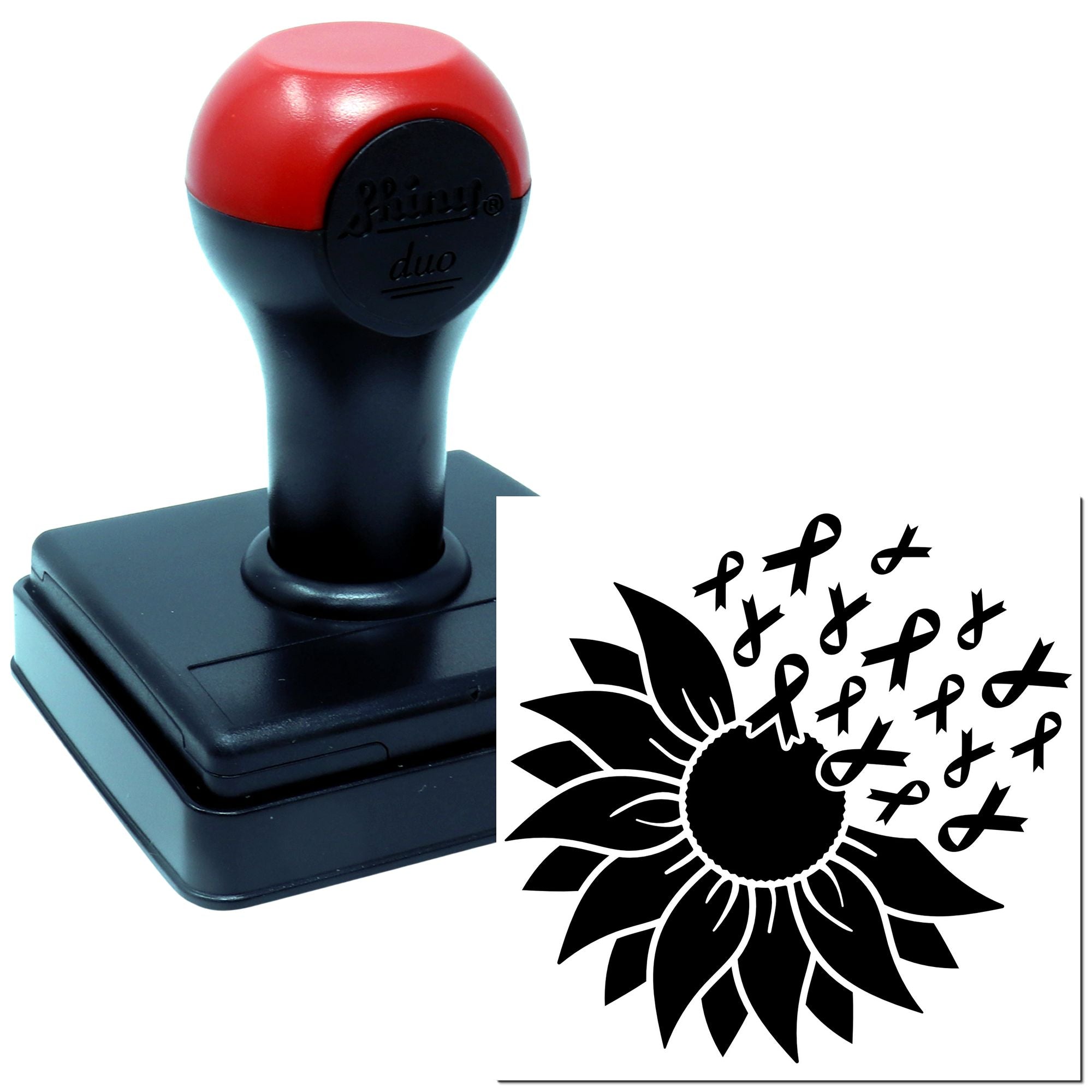 Custom self-inking rubber stamp with sunflower and awareness ribbons for awareness campaigns and fundraising projects.