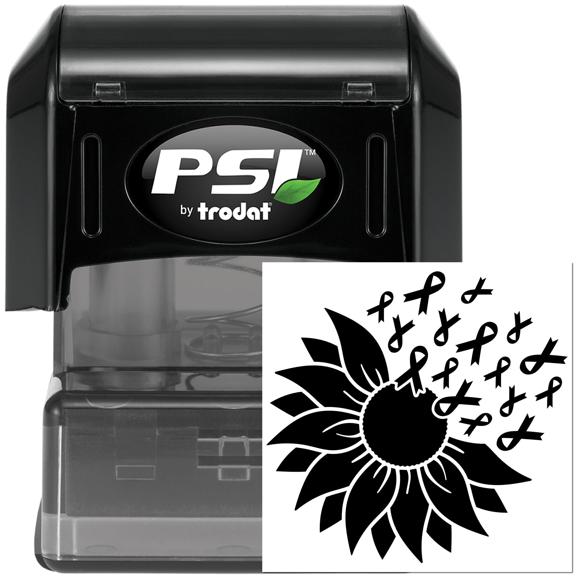 PSI by Trodat self-inking rubber stamp with sunflower and awareness ribbon design for custom fundraising projects