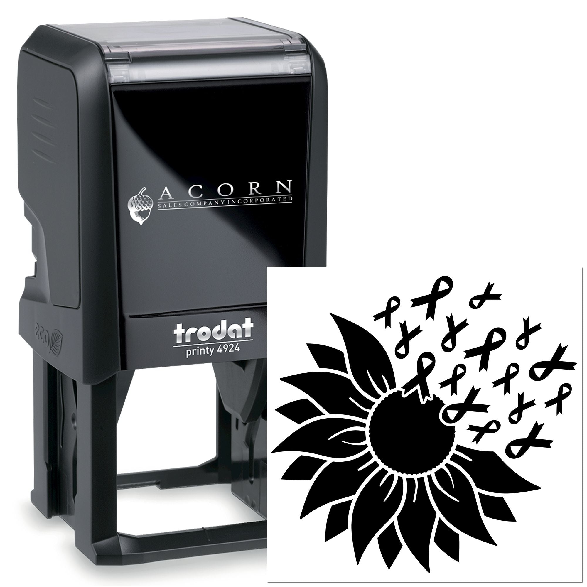 Trodat Printy 4924 self-inking rubber stamp with custom sunflower awareness ribbon design for branded business use