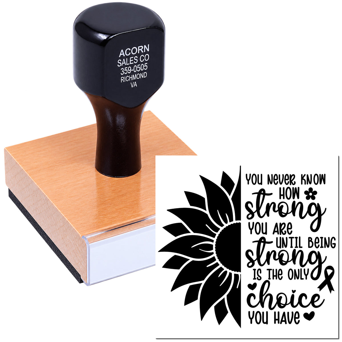 Breast cancer awareness rubber stamp with sunflower ribbon and inspirational quote about strength and choice.