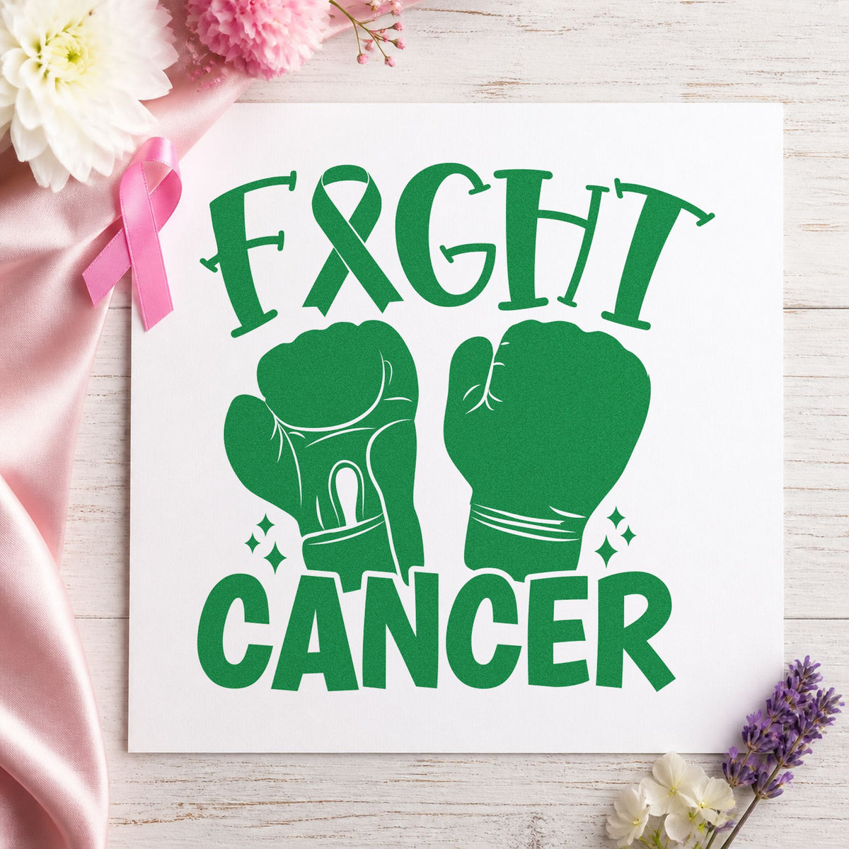 Fight Cancer Boxing Gloves craft stamp in green ink on cardstock, an easy option for corner team shirts.