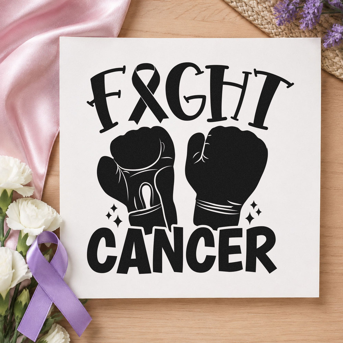 Fight Cancer Boxing Gloves craft stamp imprint in black ink on a handmade project, one idea being chemo bag tags.