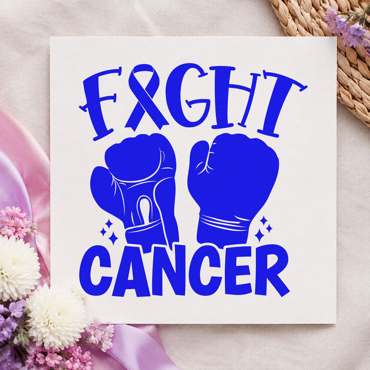 Fight Cancer Boxing Gloves craft stamp in blue ink on cardstock, an easy option for scrapbook round pages.